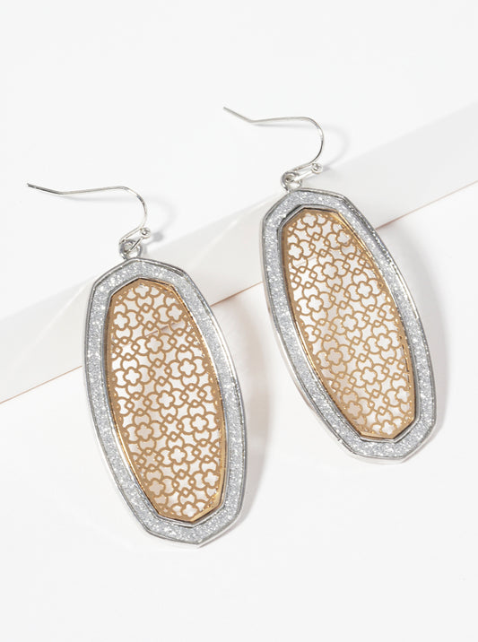 Glitter Filled Two-tone Metal Filigree Moroccan Shaped Fish Hook Dangle Drop Earrings