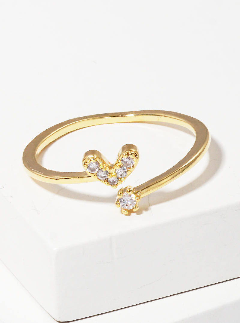 White Gold Dipped CZ Dainty Heart Adjustable Cuff Ring