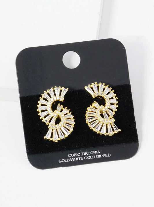 Gold Dipped Double Half Circle Pave Cubic Zirconia Stud Earrings