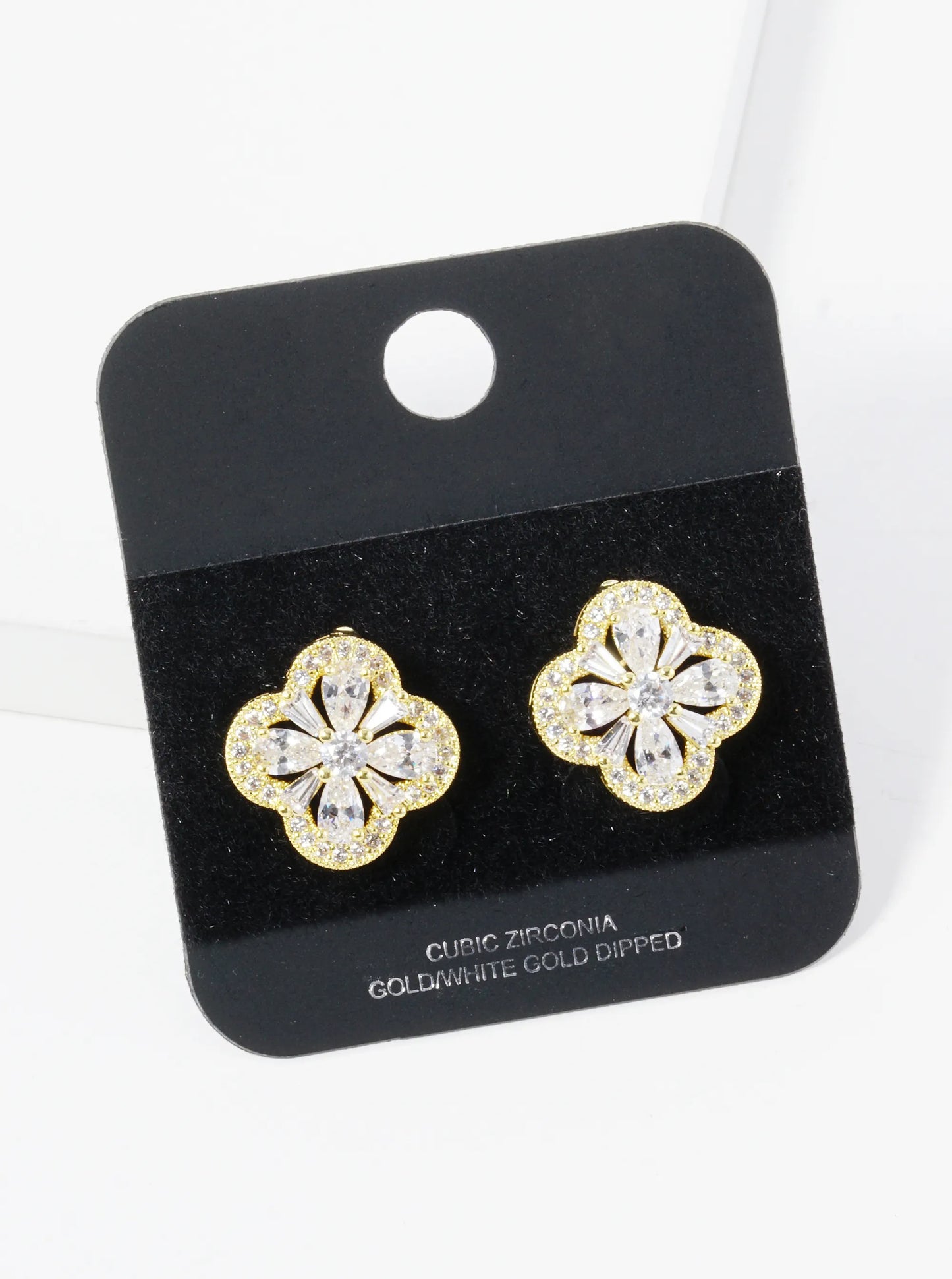 Gold Dipped Pave Baguette Cubic Zirconia 15mm Quatrefoil Stud Earrings