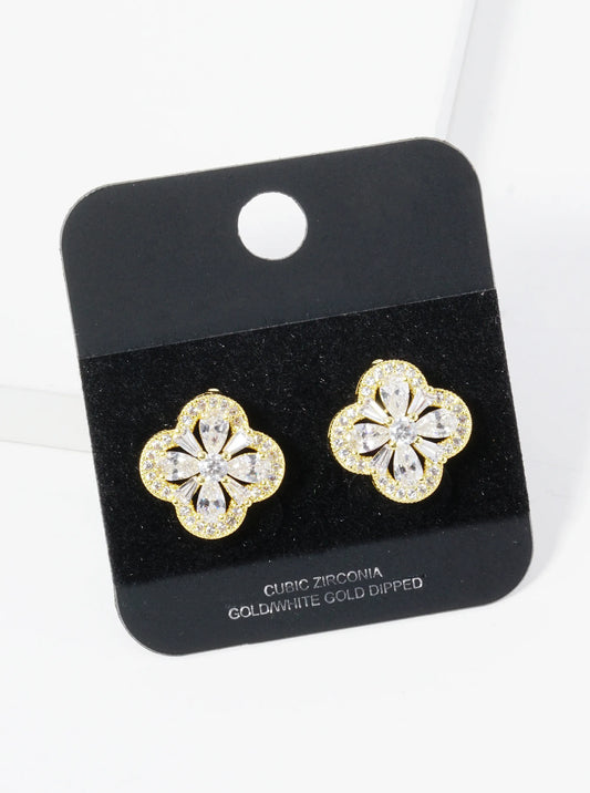 Gold Dipped Pave Baguette Cubic Zirconia 15mm Quatrefoil Stud Earrings