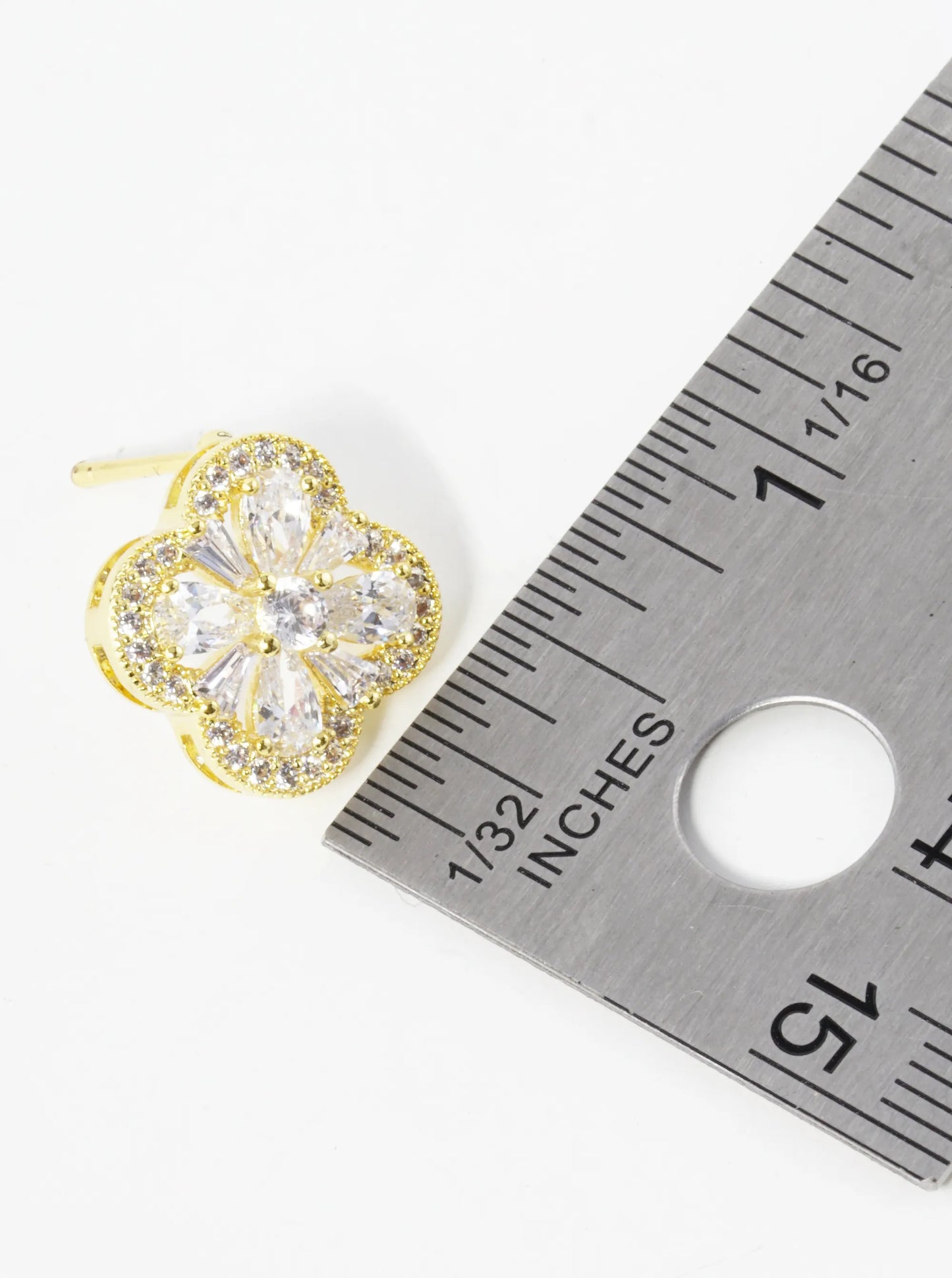Gold Dipped Pave Baguette Cubic Zirconia 15mm Quatrefoil Stud Earrings