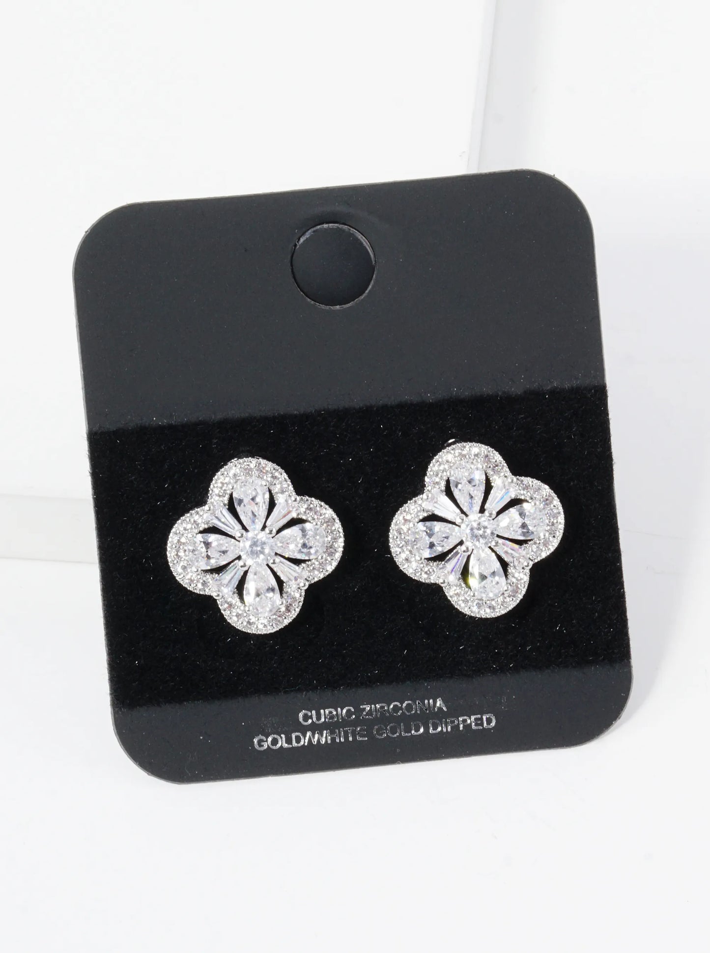 Gold Dipped Pave Baguette Cubic Zirconia 15mm Quatrefoil Stud Earrings