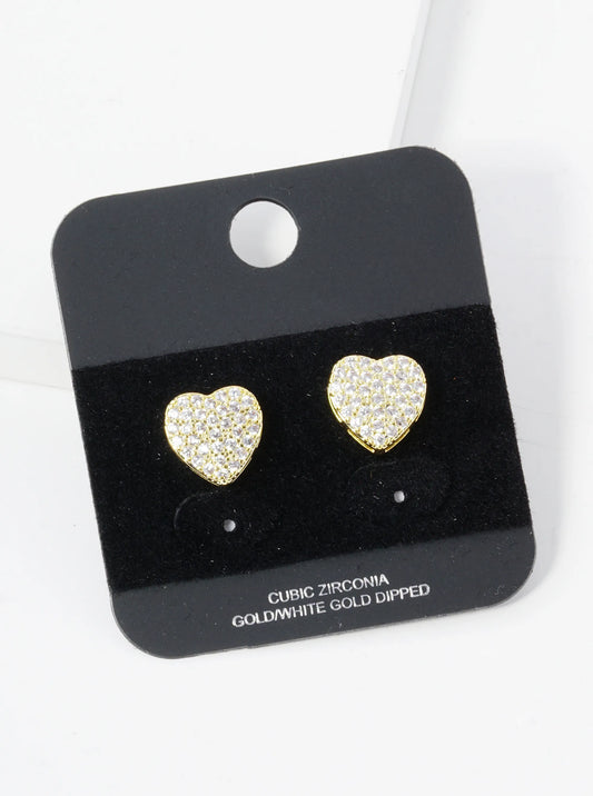 Gold Dipped Pave Set Cubic Zirconia 10mm Heart Stud Earrings