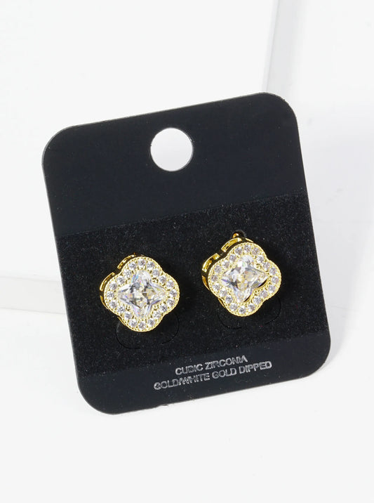 Gold Dipped Pave Set Cubic Zirconia 13mm Quatrefoil Stud Earrings
