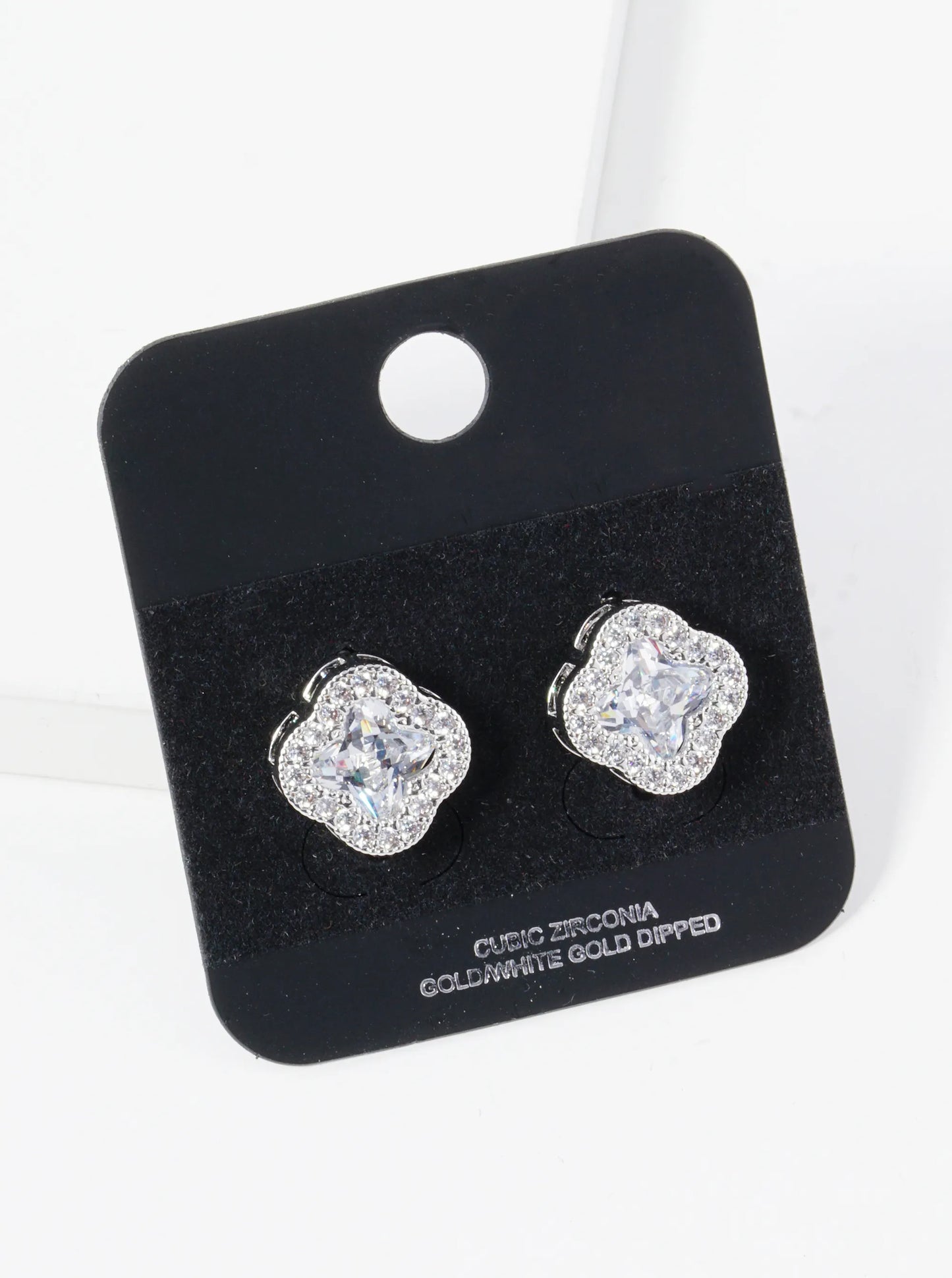 Gold Dipped Pave Set Cubic Zirconia 13mm Quatrefoil Stud Earrings