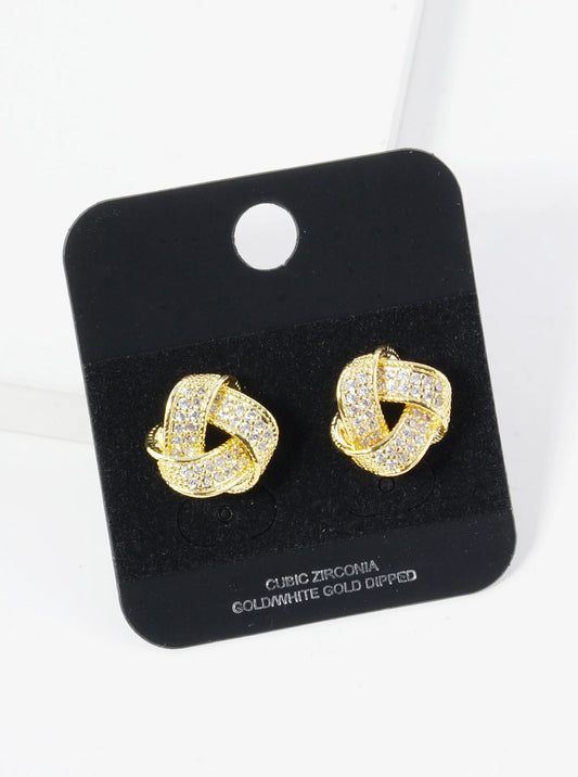 Gold Dipped Pave Set Cubic Zirconia 13mm Triangle Knot Stud Earrings