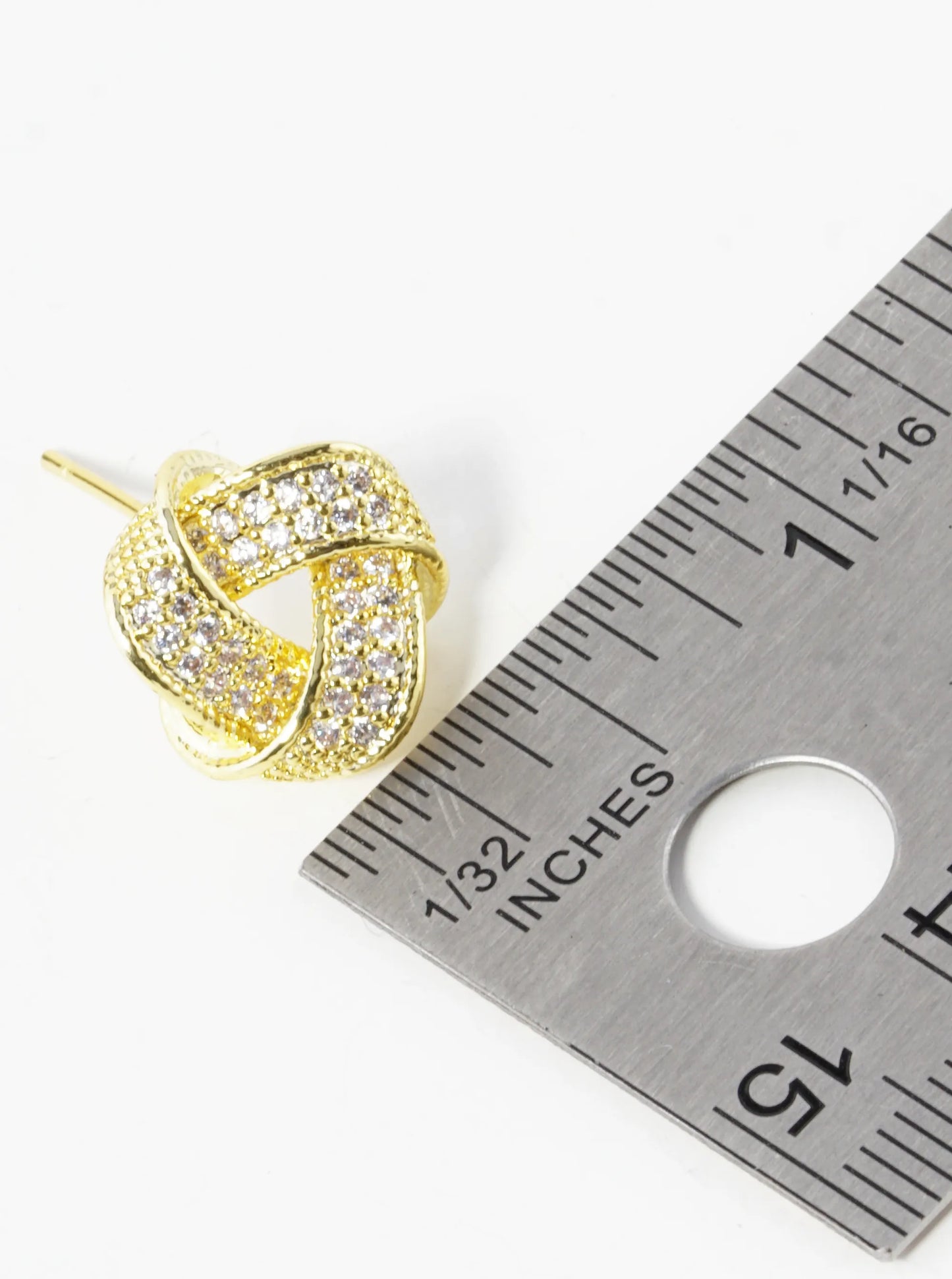 Gold Dipped Pave Set Cubic Zirconia 13mm Triangle Knot Stud Earrings