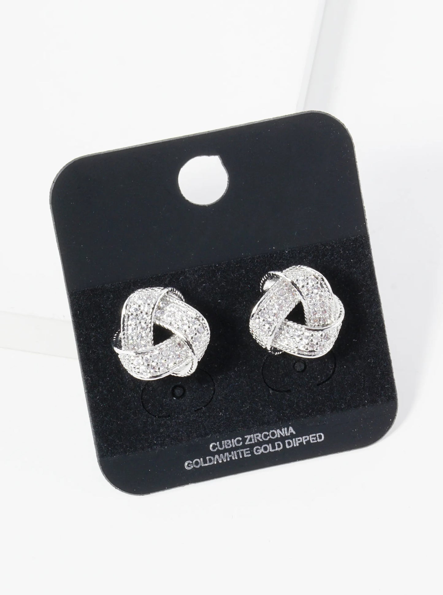 Gold Dipped Pave Set Cubic Zirconia 13mm Triangle Knot Stud Earrings