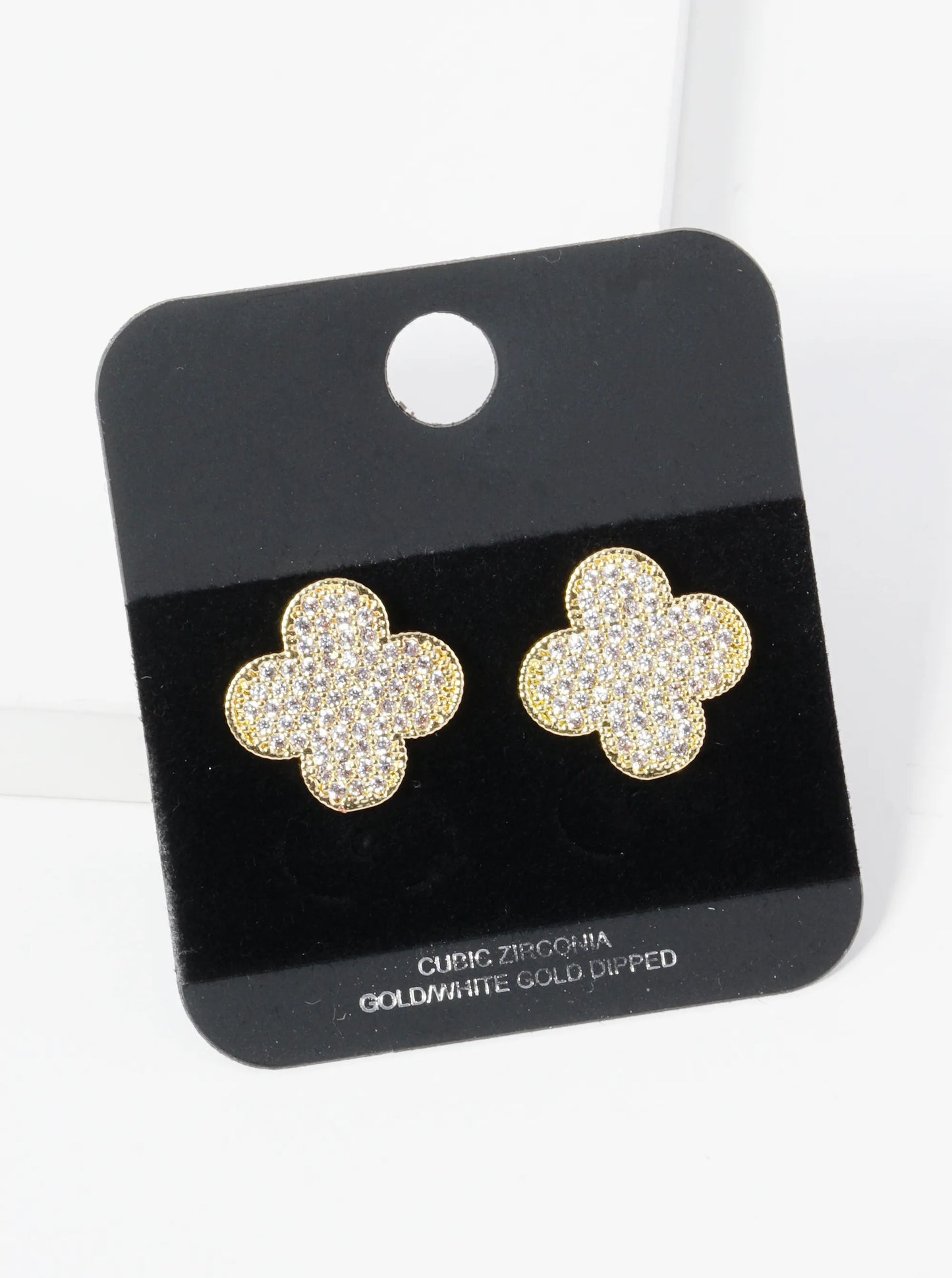 Gold Dipped Pave Set Cubic Zirconia 15mm Quatrefoil Stud Earrings