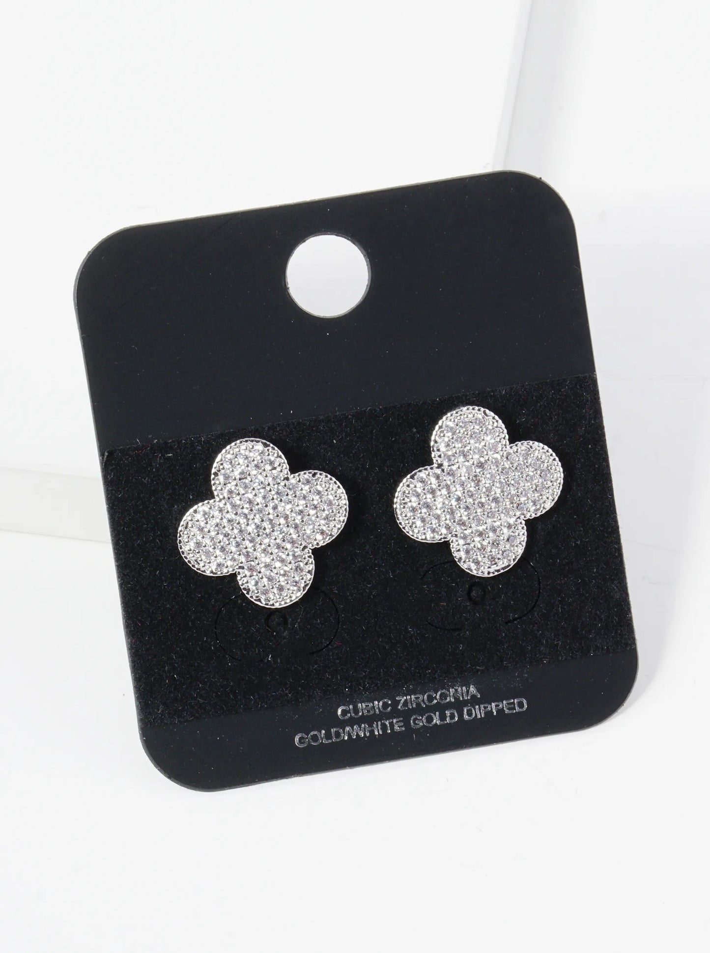 Gold Dipped Pave Set Cubic Zirconia 15mm Quatrefoil Stud Earrings