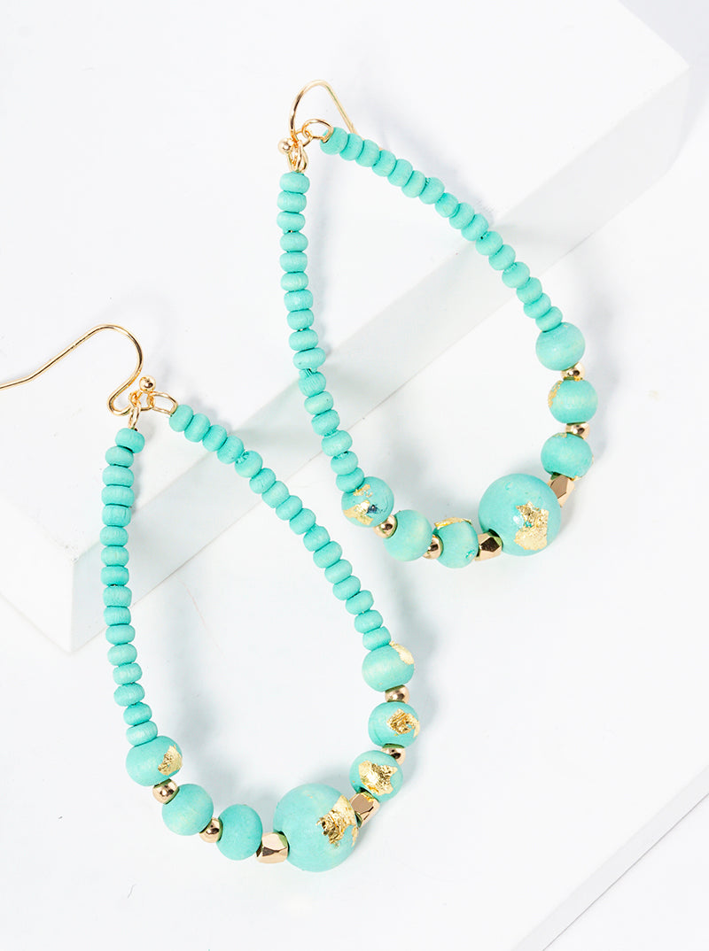 Gold Flake Wood Bead Teardrop Dangle Drop Earrings