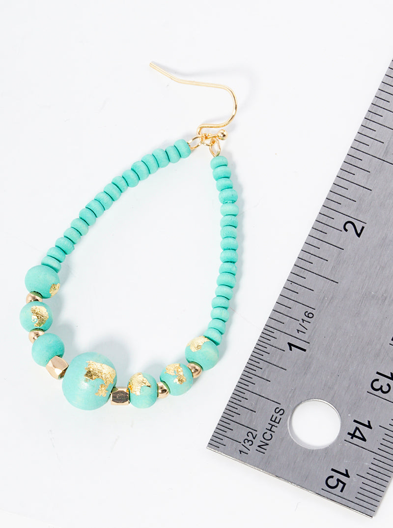 Gold Flake Wood Bead Teardrop Dangle Drop Earrings