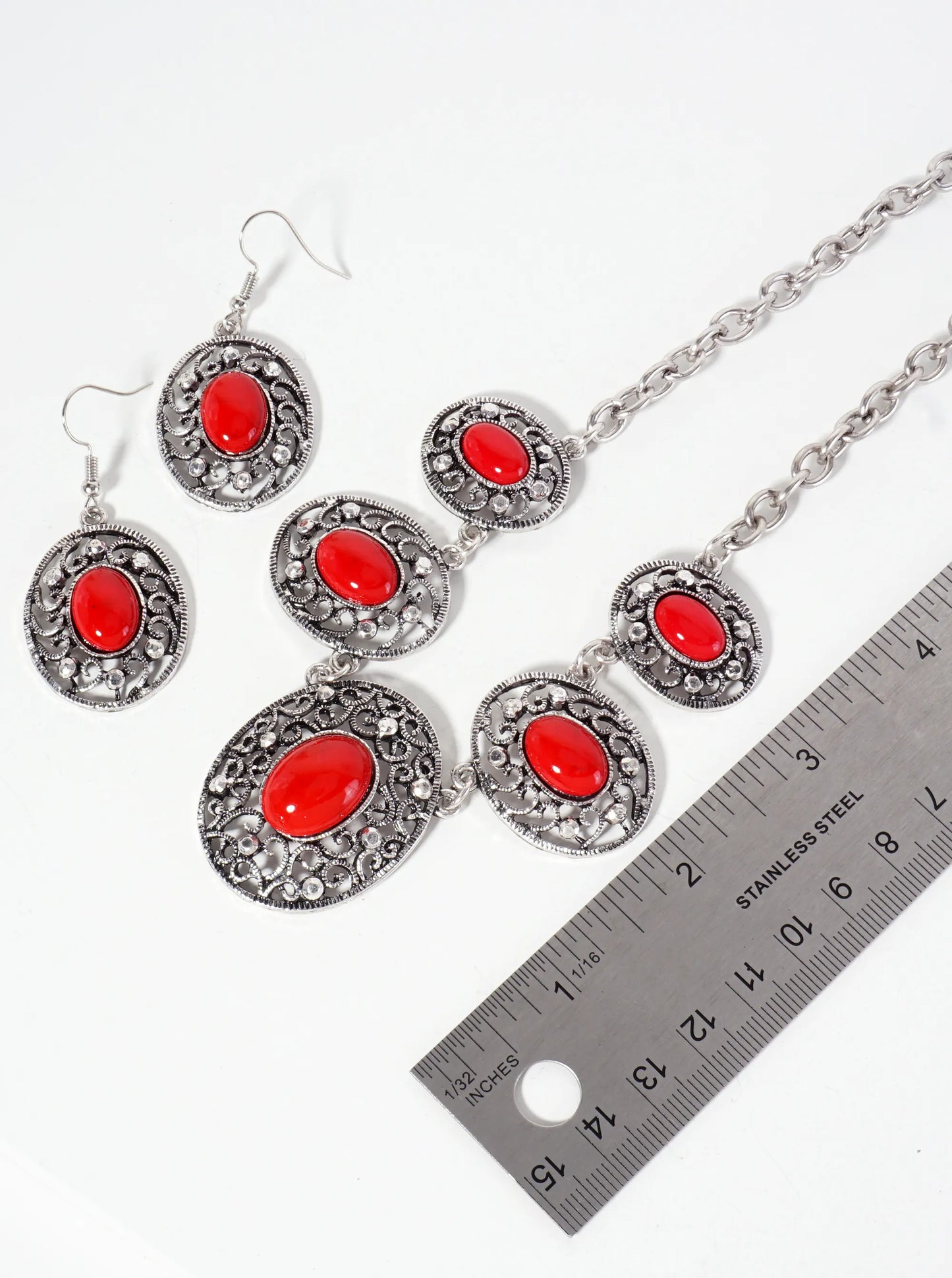 Graduated Oval-Shape Semi-Precious Natural-Stone Bohemian Bib Statement Necklace Set-with-Earrings