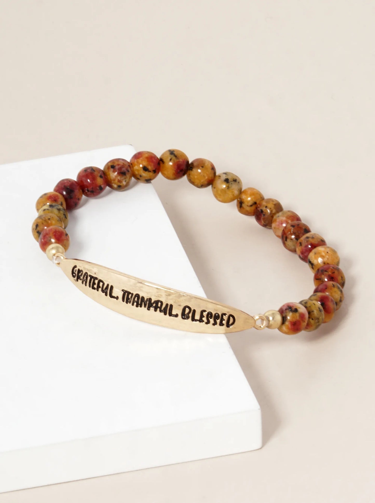Grateful Thankful Blessed Engraved 6mm Semi-Precious Stone Stretch Bracelet