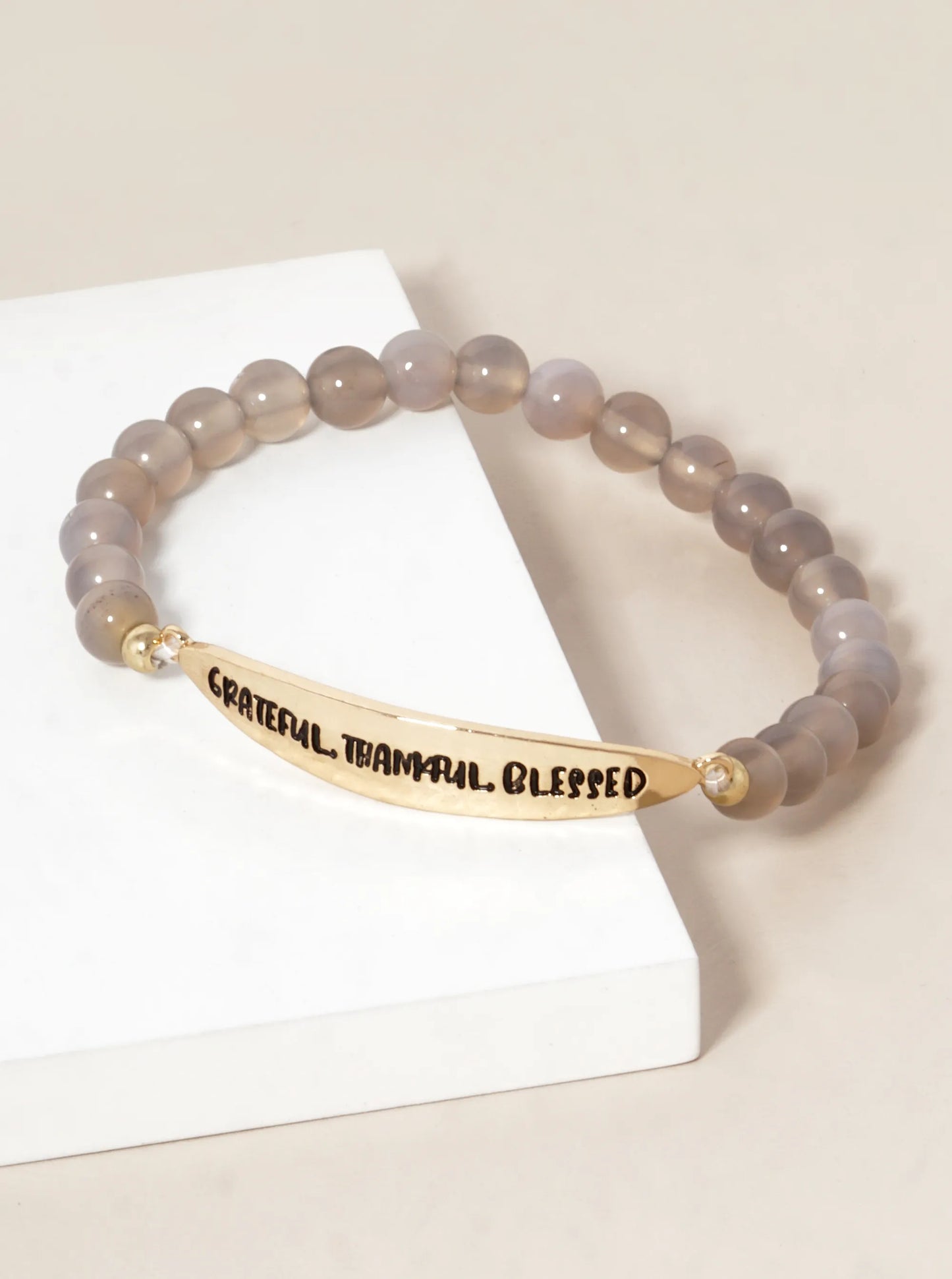 Grateful Thankful Blessed Engraved 6mm Semi-Precious Stone Stretch Bracelet