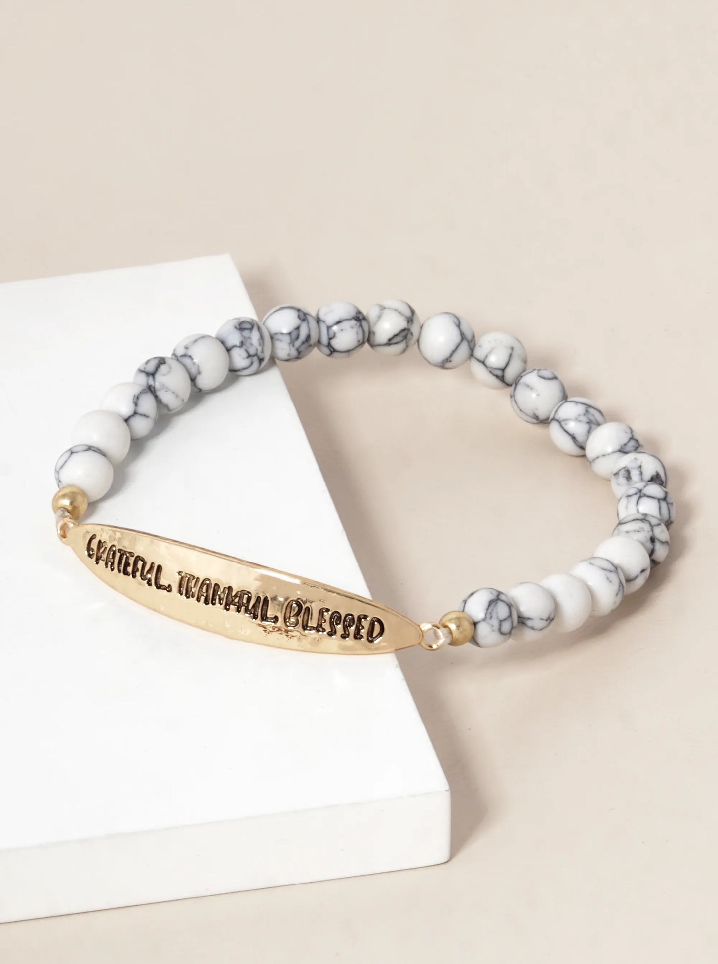 Grateful Thankful Blessed Engraved 6mm Semi-Precious Stone Stretch Bracelet