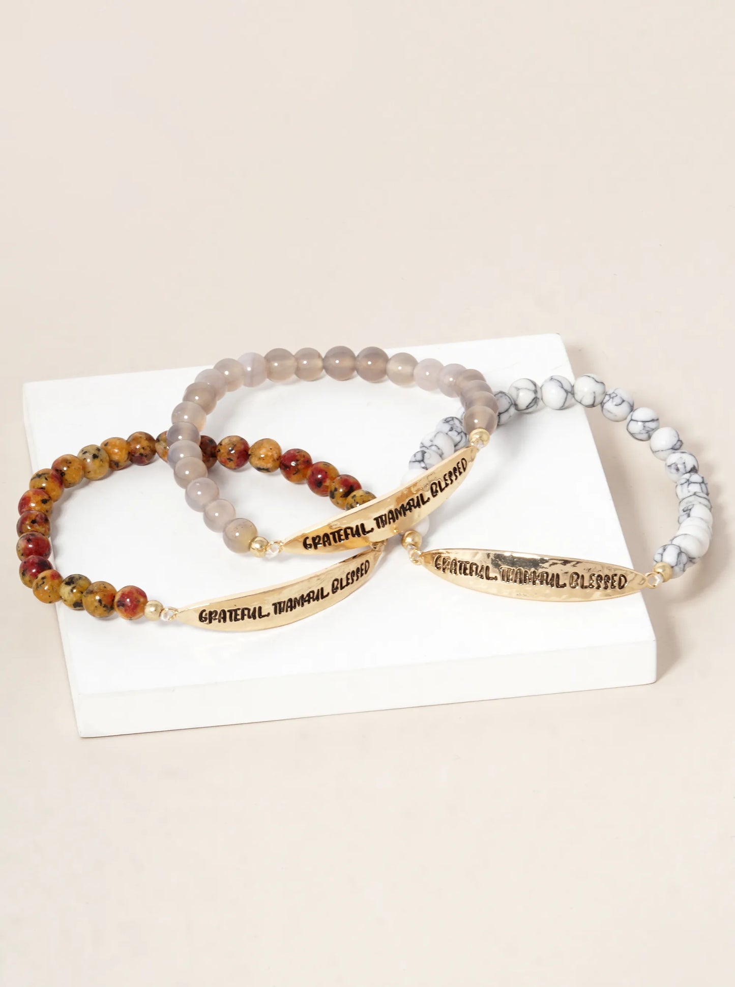 Grateful Thankful Blessed Engraved 6mm Semi-Precious Stone Stretch Bracelet