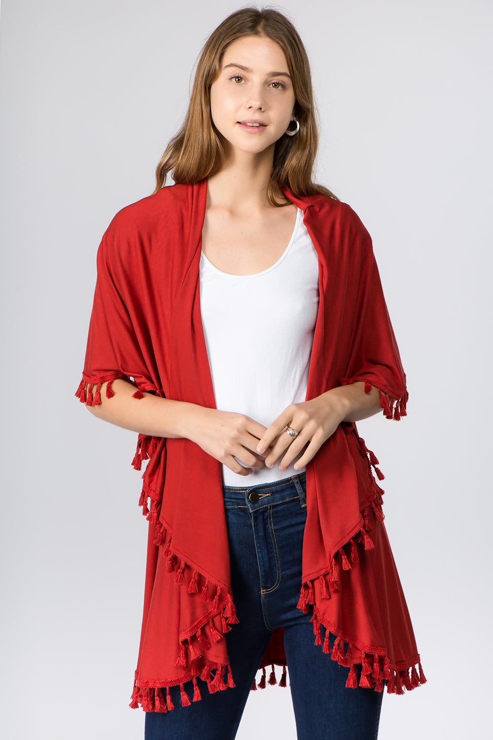 HALF COTTON HALF POLYESTER SOLID COLOR VEST W TESSEL SCARF
