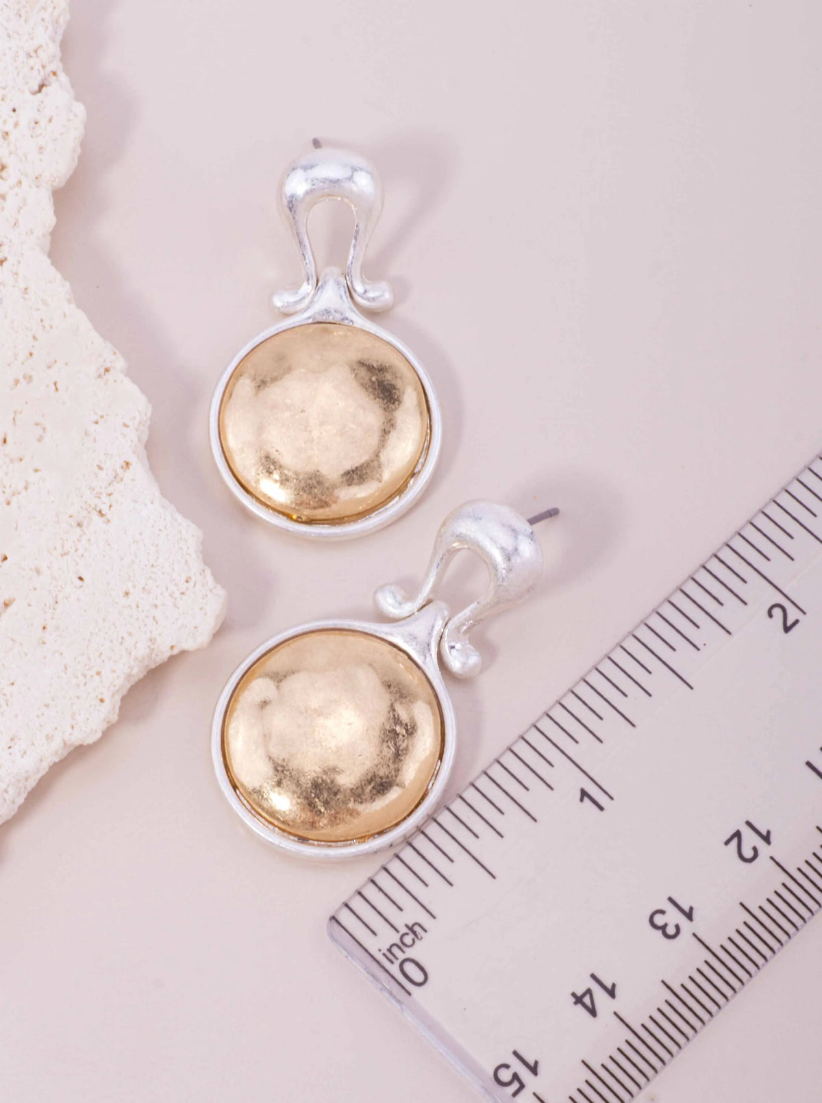 Two-Tone Hammered Round Dome Post Drop Earrings