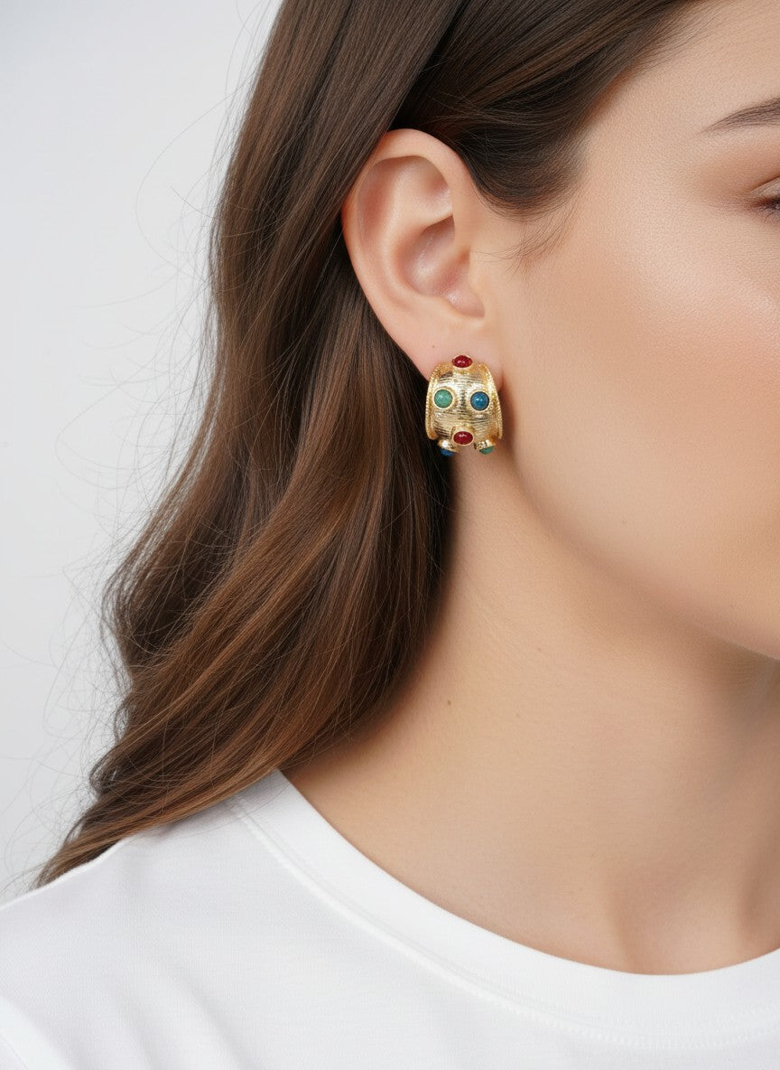 Beaded Cabochon Hoop Earrings