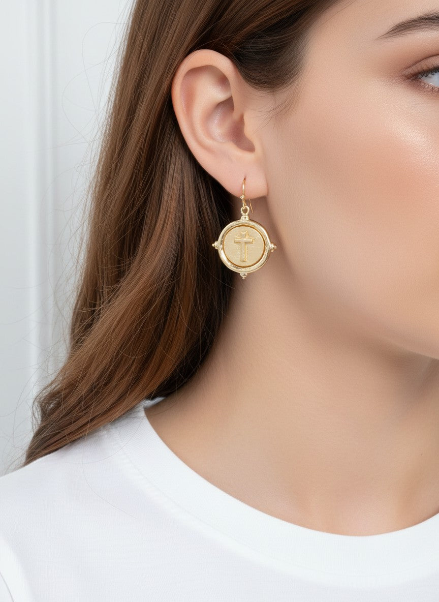 Hammered Cross Coin Dangle Earrings