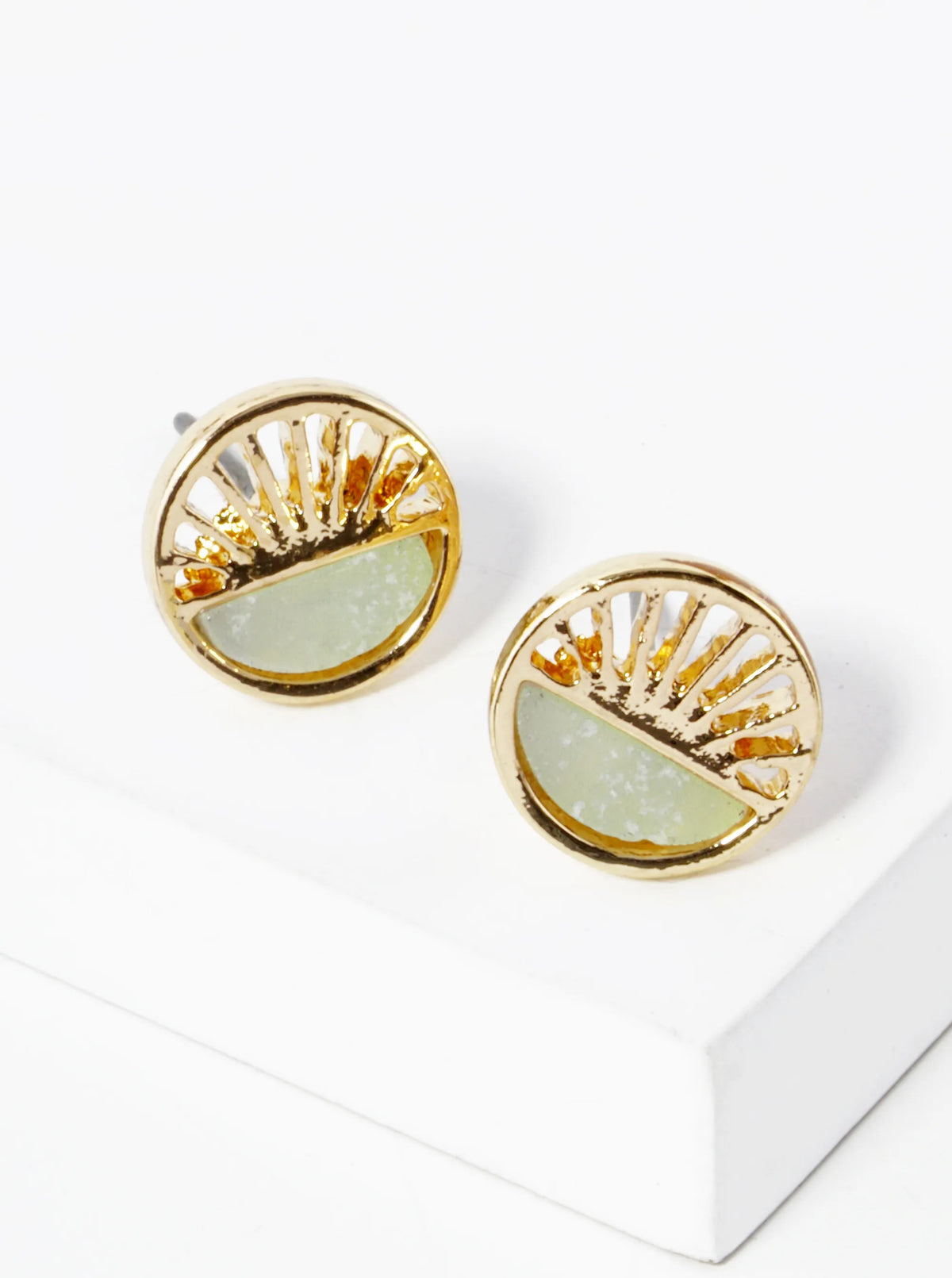 Half Semi-Precious Stone Half Filigree Round Dainty Stud Earrings