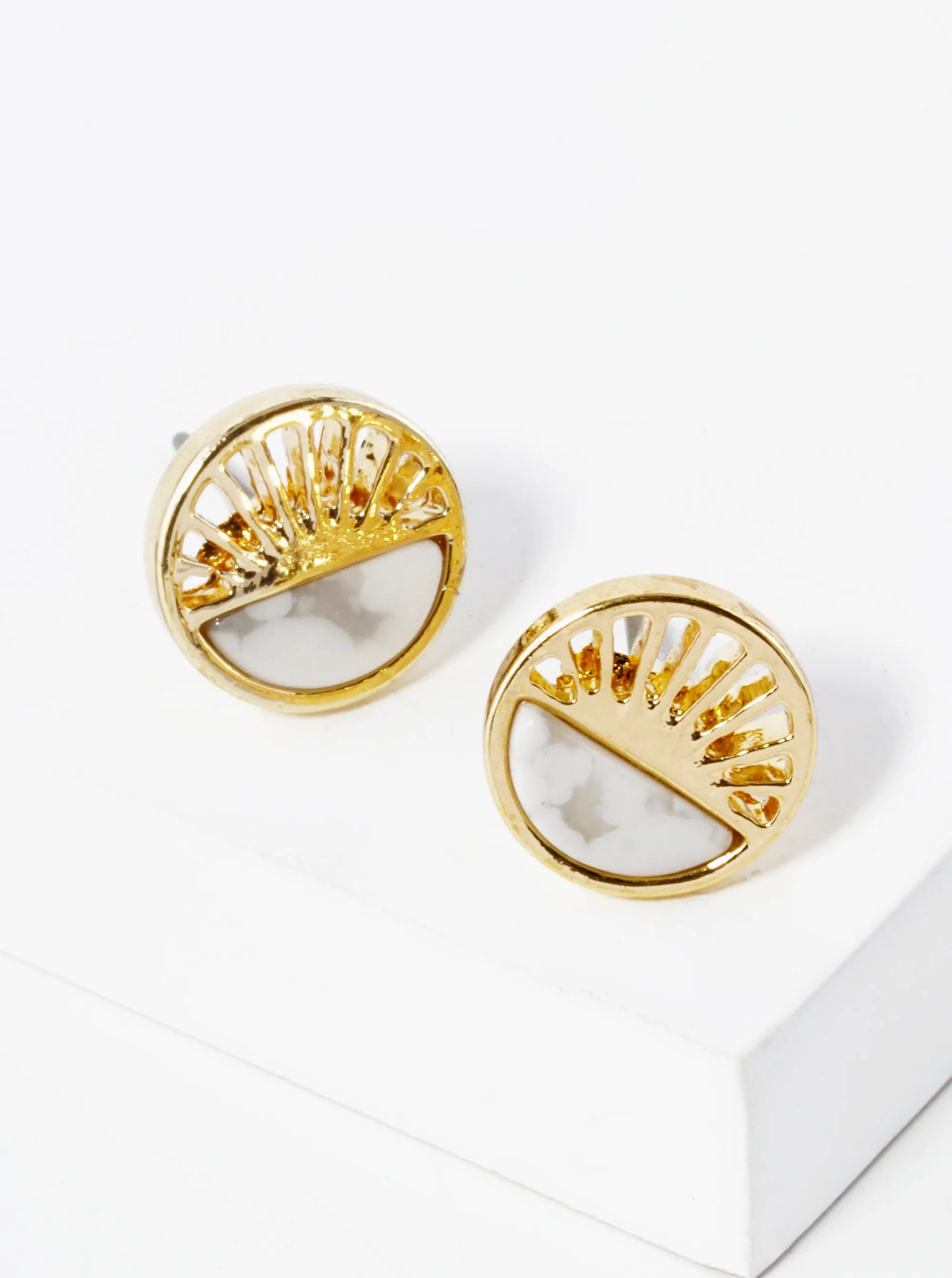 Half Semi-Precious Stone Half Filigree Round Dainty Stud Earrings