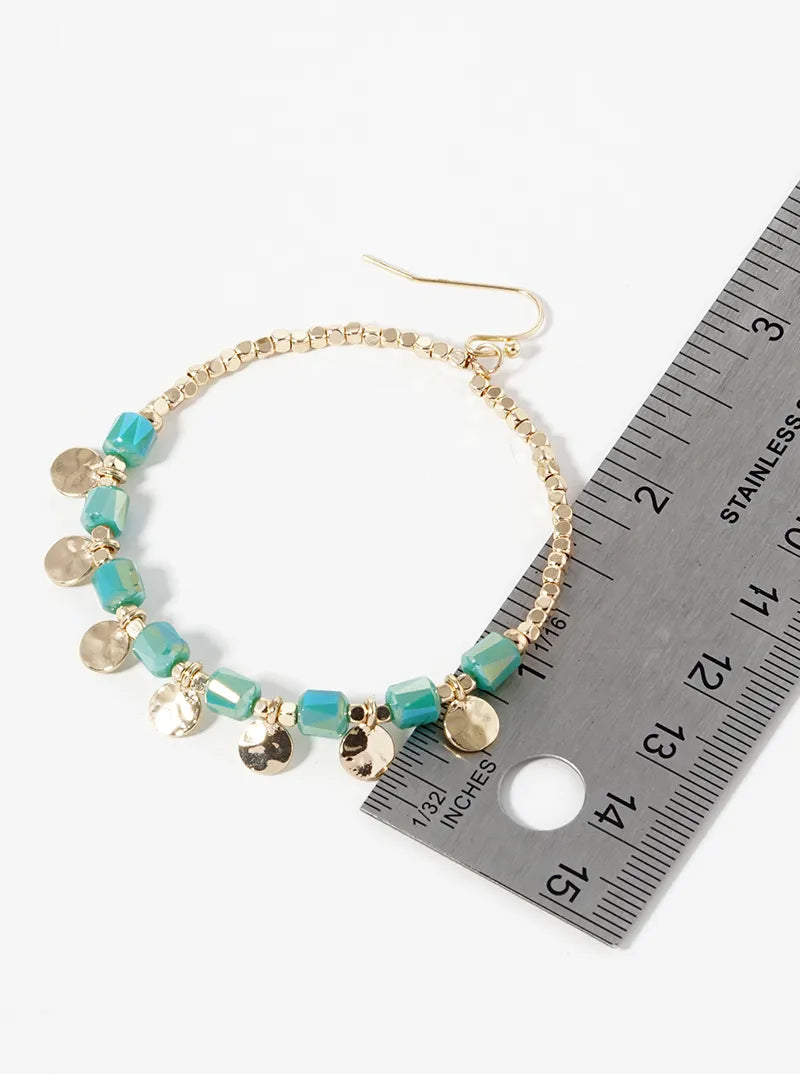 Hammer Textured Round Disc Drop Faceted Glass Beaded Circle Earrings