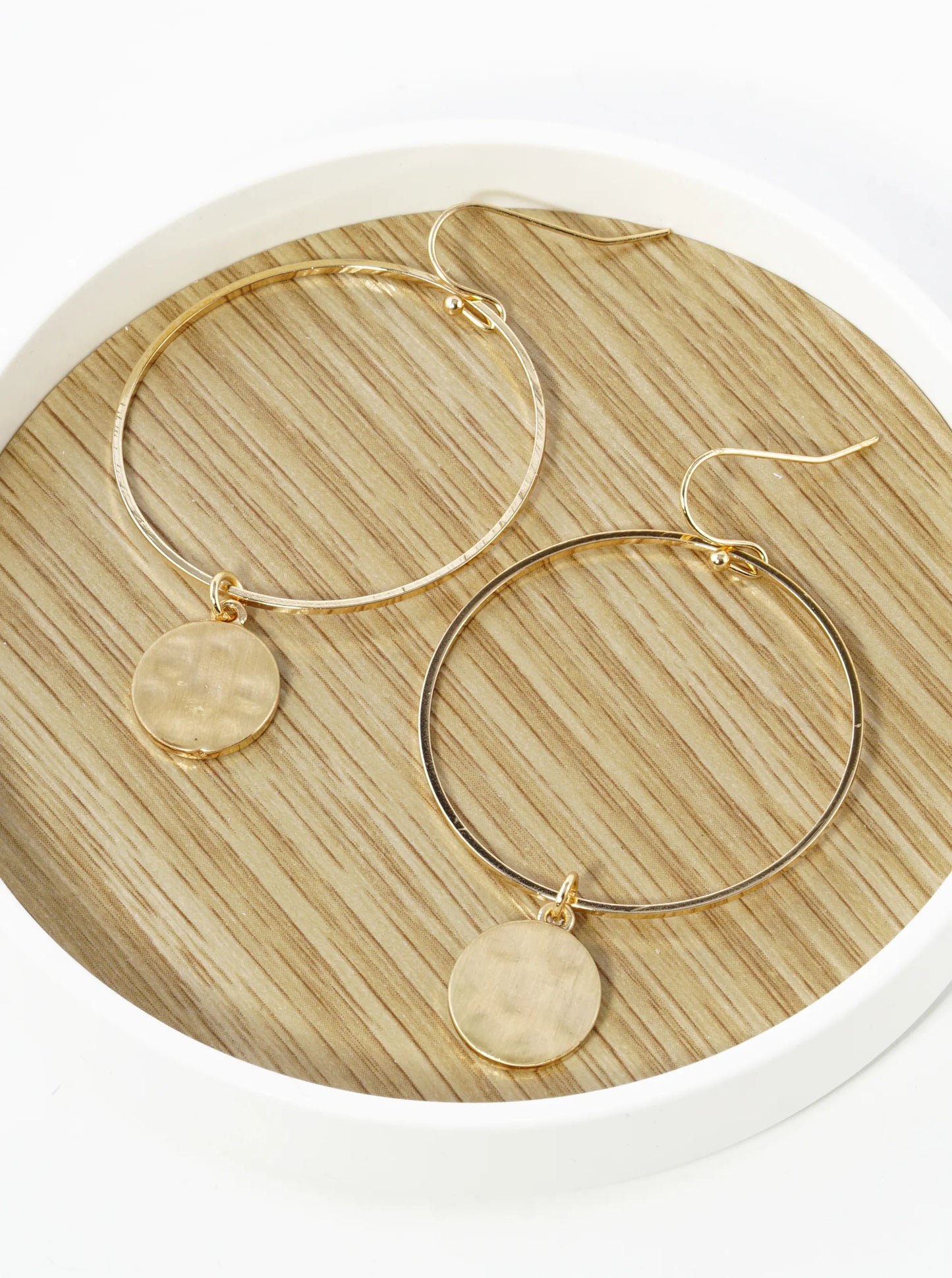 Hammered Brass Disc Drop Circle Dangle Earrings