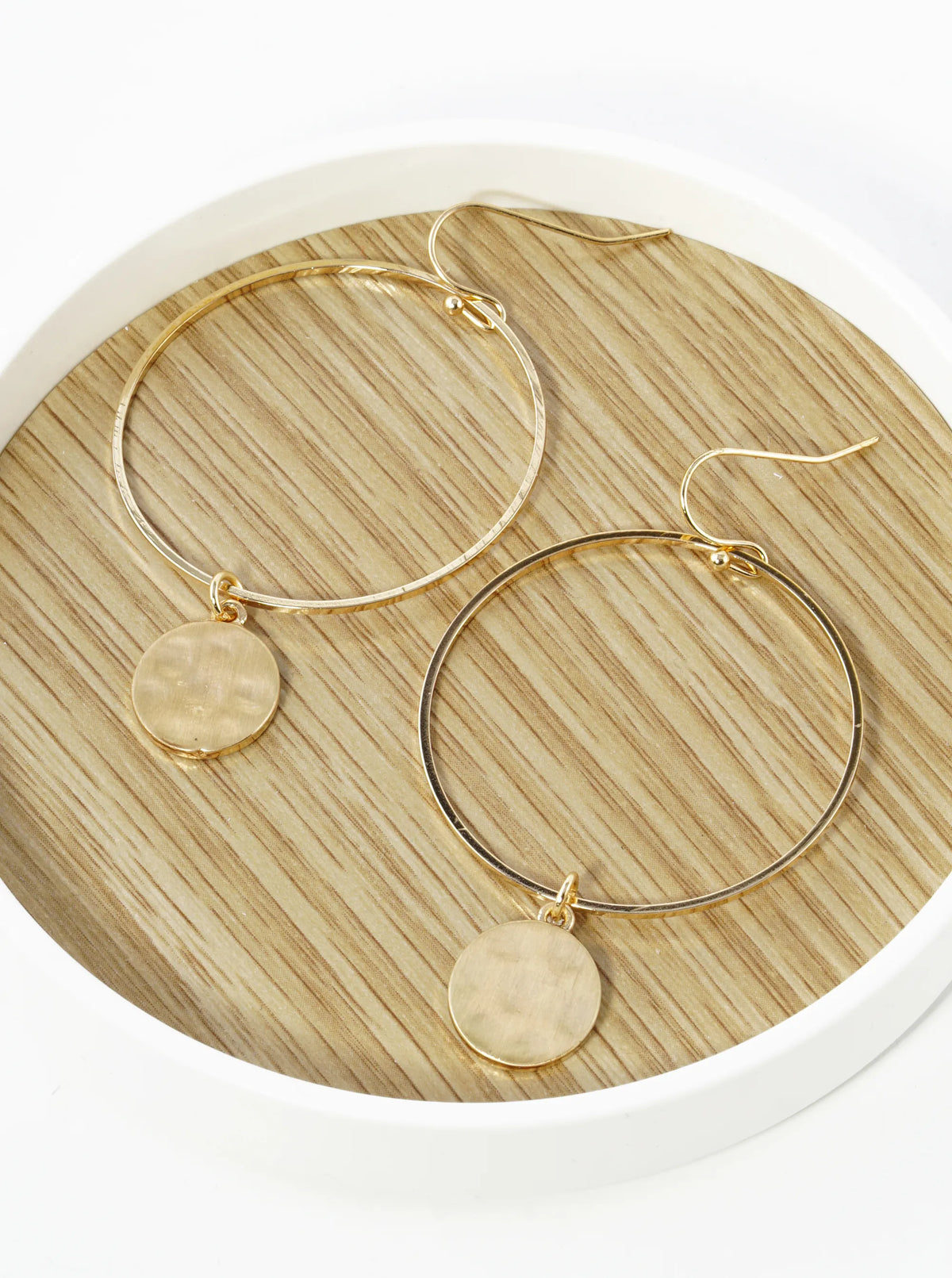 Hammered Brass Disc Drop Circle Dangle Earrings