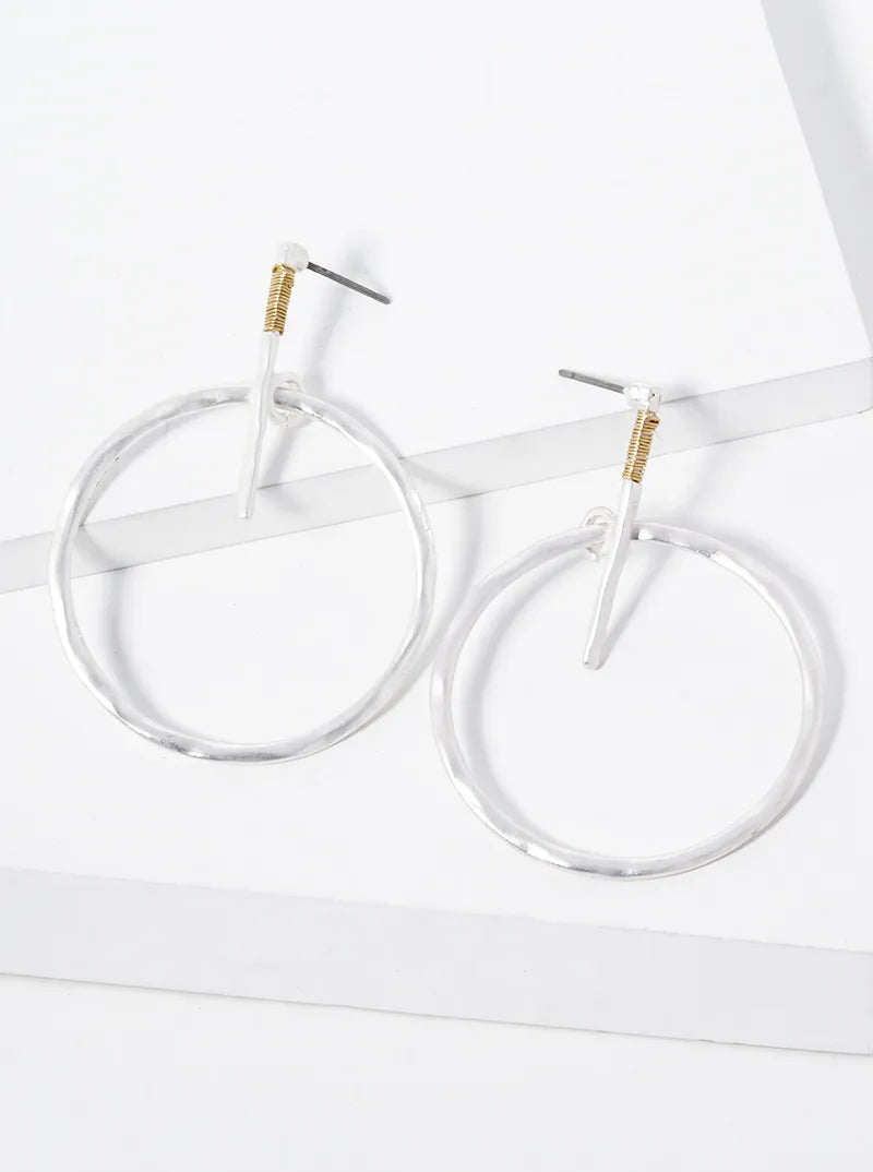 Hammered Circle Drop Wire Wrapped Dangle Post Earrings