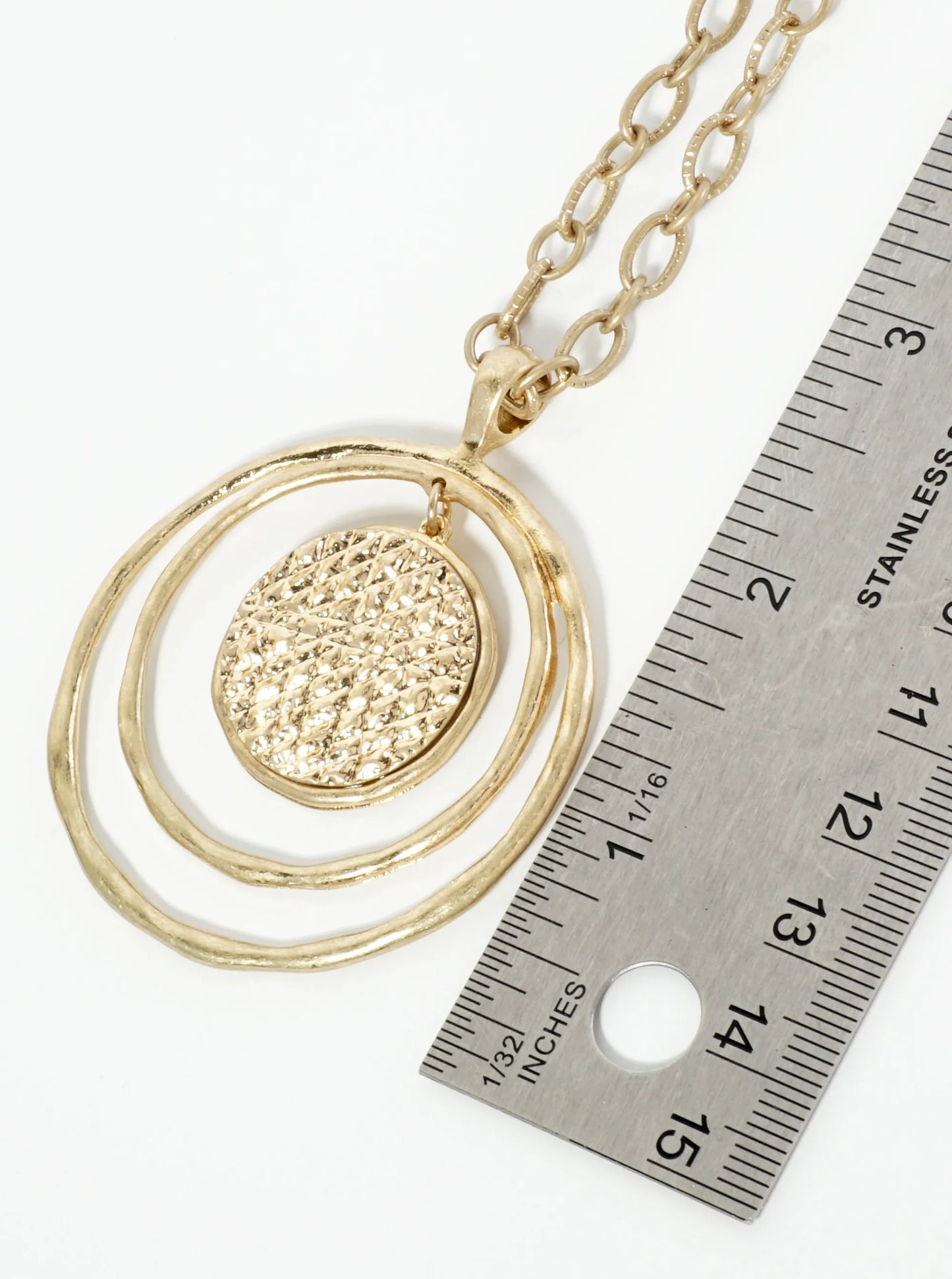 Hammered Circle Pendant 32 Inch Long Necklace