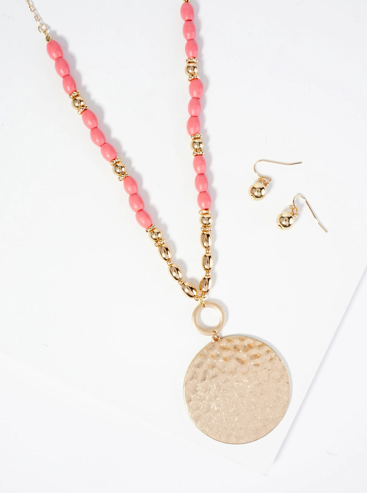 Hammered Circle Pendant Wood Beaded Chain Long Necklace Set With Earrings