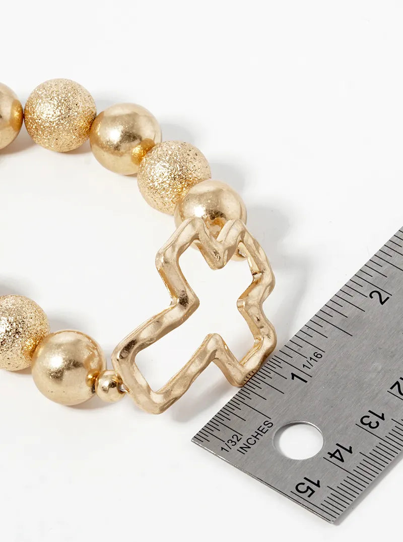 Hammered Cross Accent 14mm Textured Ball Bead Stretch Bracelet
