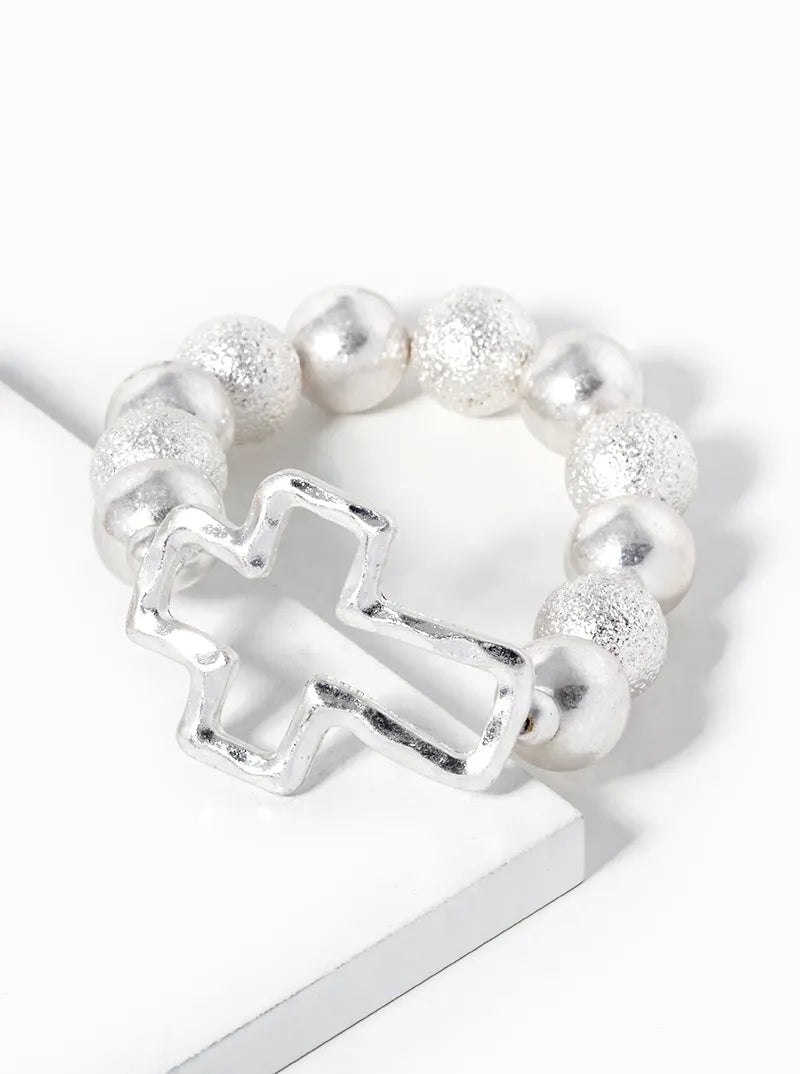 Hammered Cross Accent 14mm Textured Ball Bead Stretch Bracelet