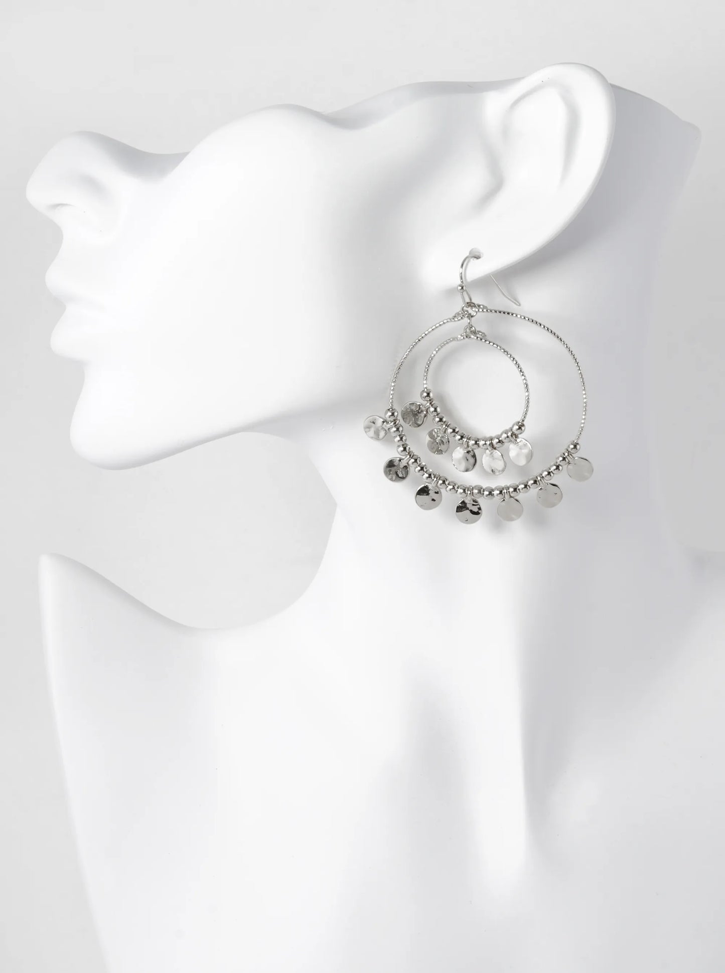 Hammered Disc Drop Double Textured Wire Circle Dangle Drop Earrings
