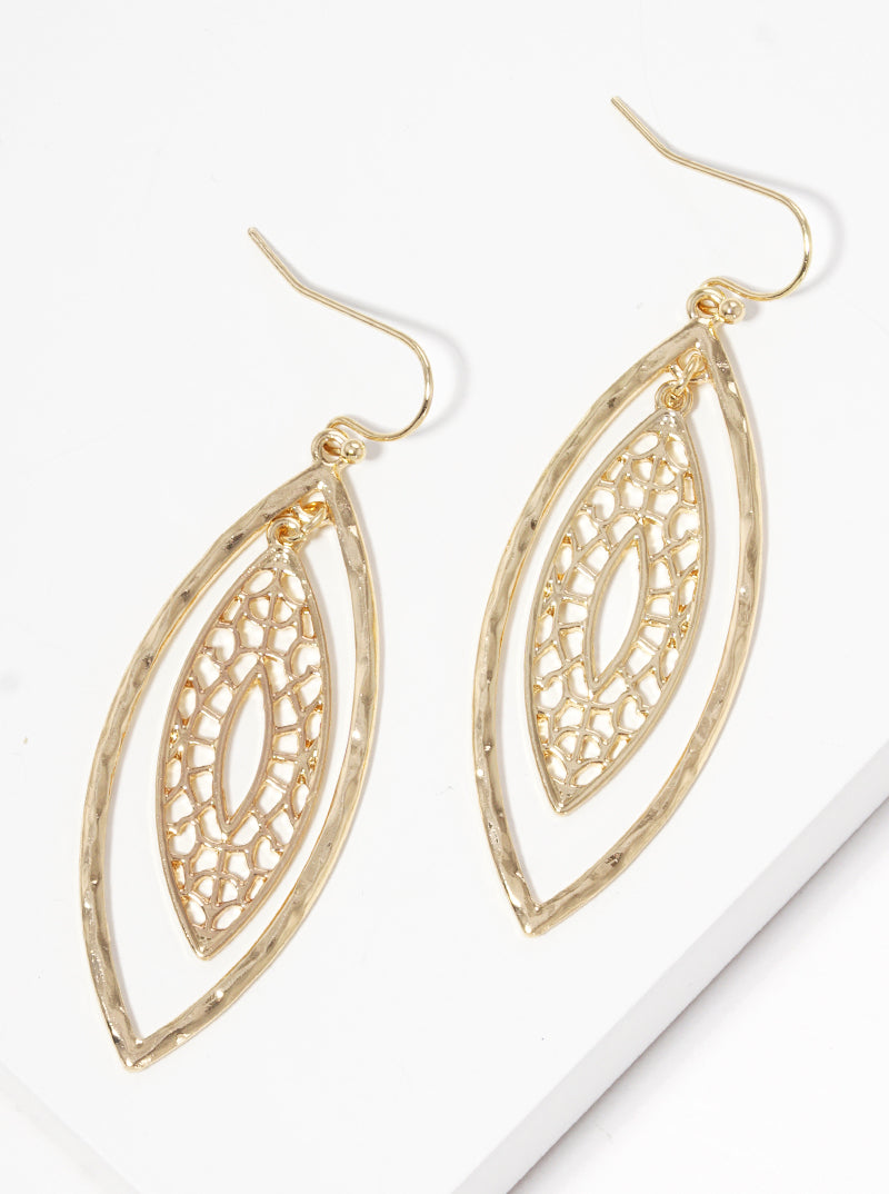 Hammered Filigree Marquise Dangle Drop Earrings