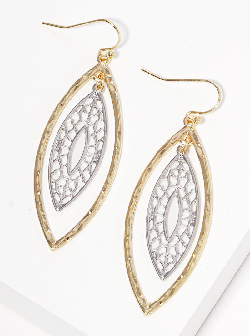 Hammered Filigree Marquise Dangle Drop Earrings