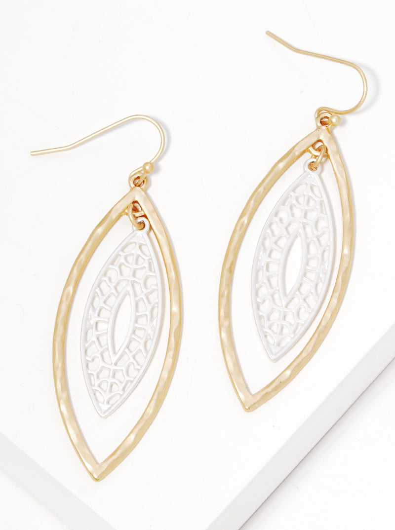 Hammered Filigree Marquise Dangle Drop Earrings