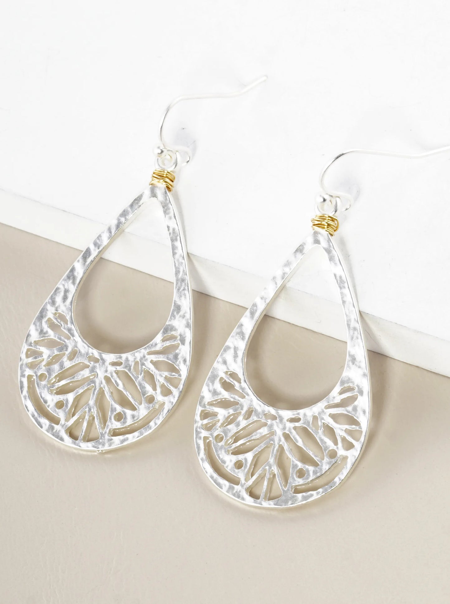 Hammered Filigree Teardrop Dangle Earrings