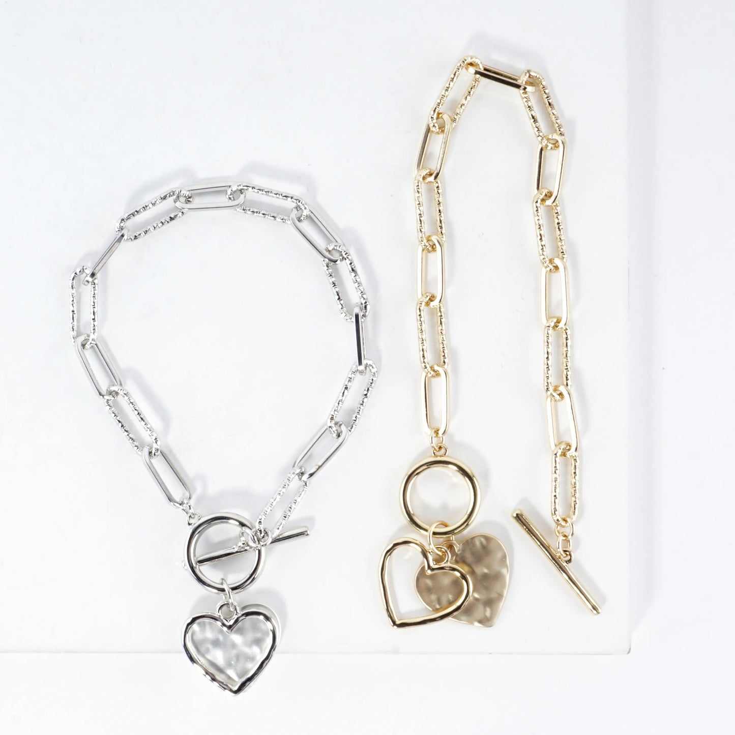 Hammered Heart Cluster Charm Toggle Bracelet