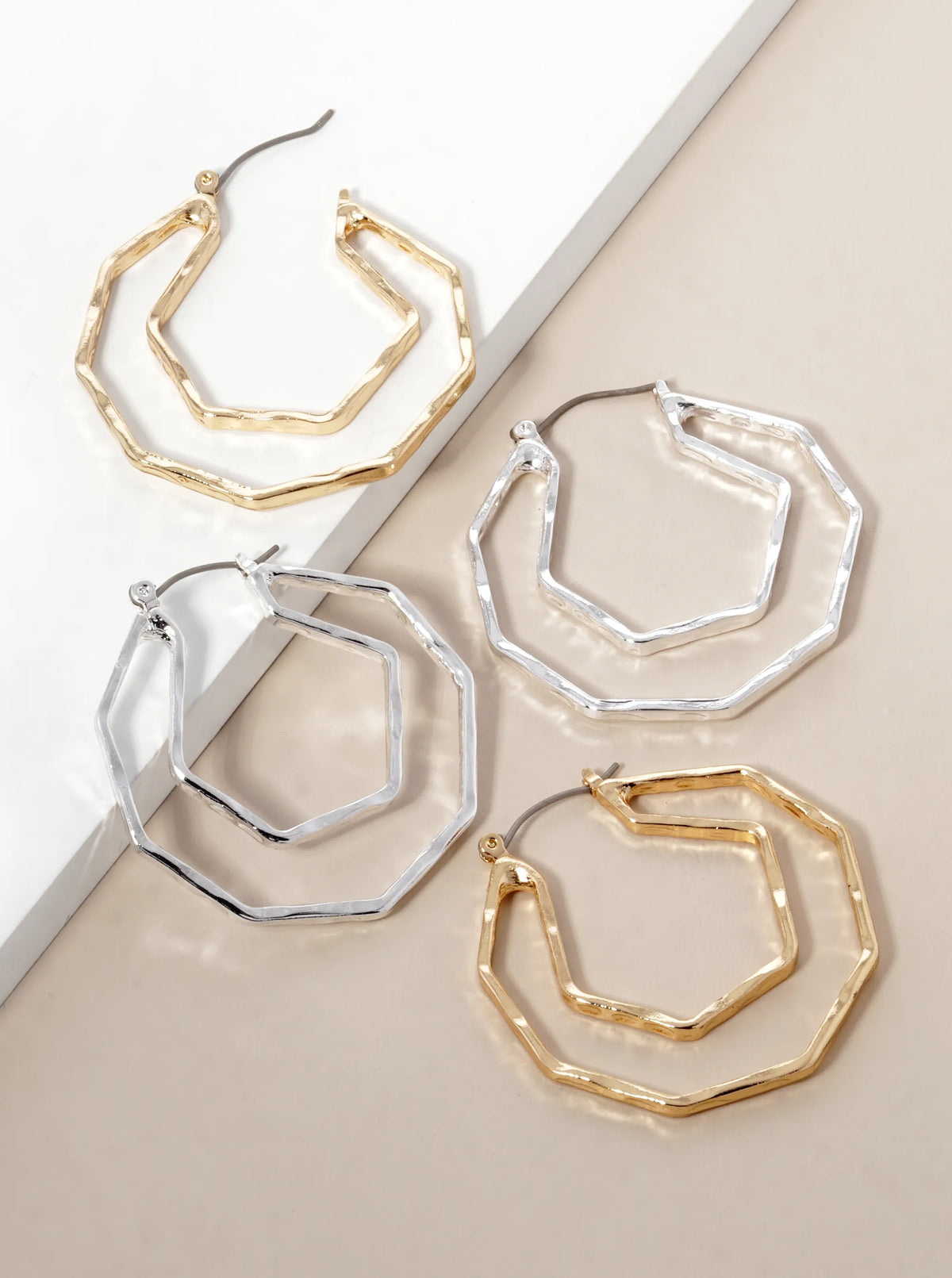 Hammered Metal 40mm Octagon Latch Back Hoop Earrings