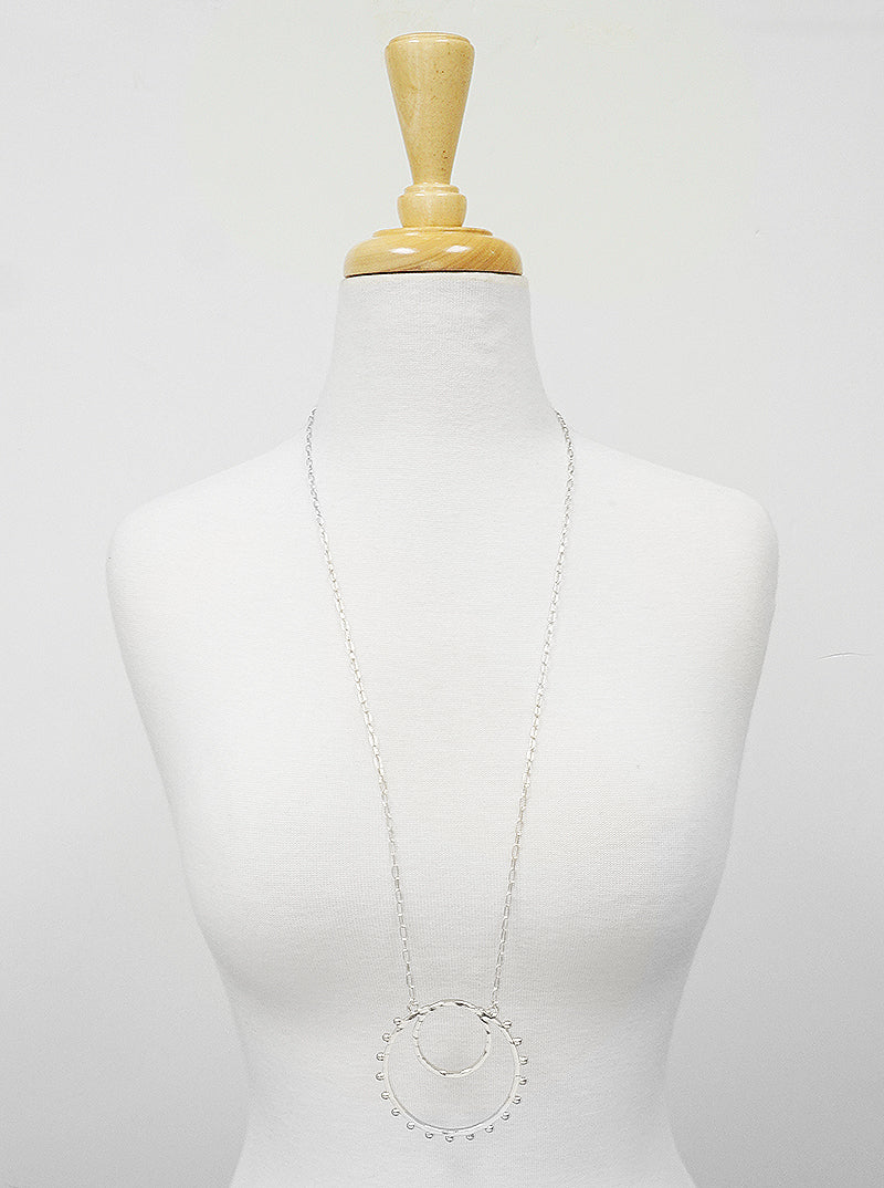 Hammered Metal Ball Beaded Double Circle Pendant Long Necklace