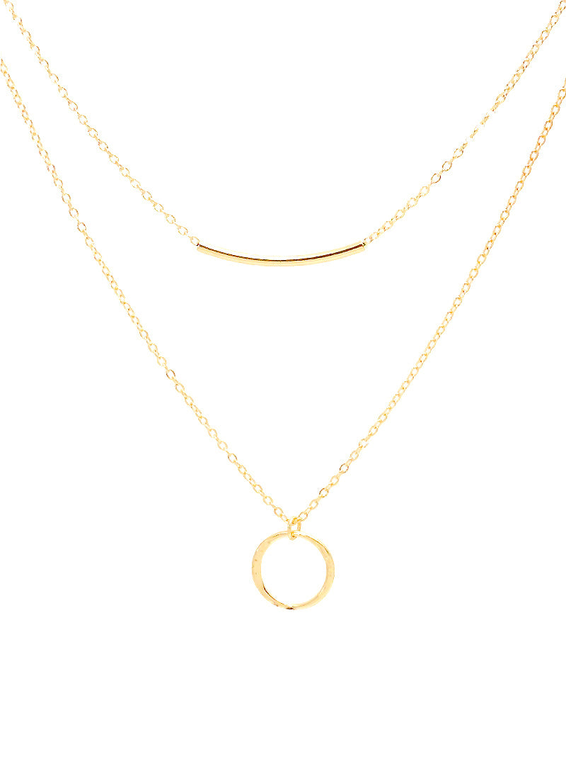 Hammered Metal Circle Pendant With Curved Tube Bar Layered Necklace