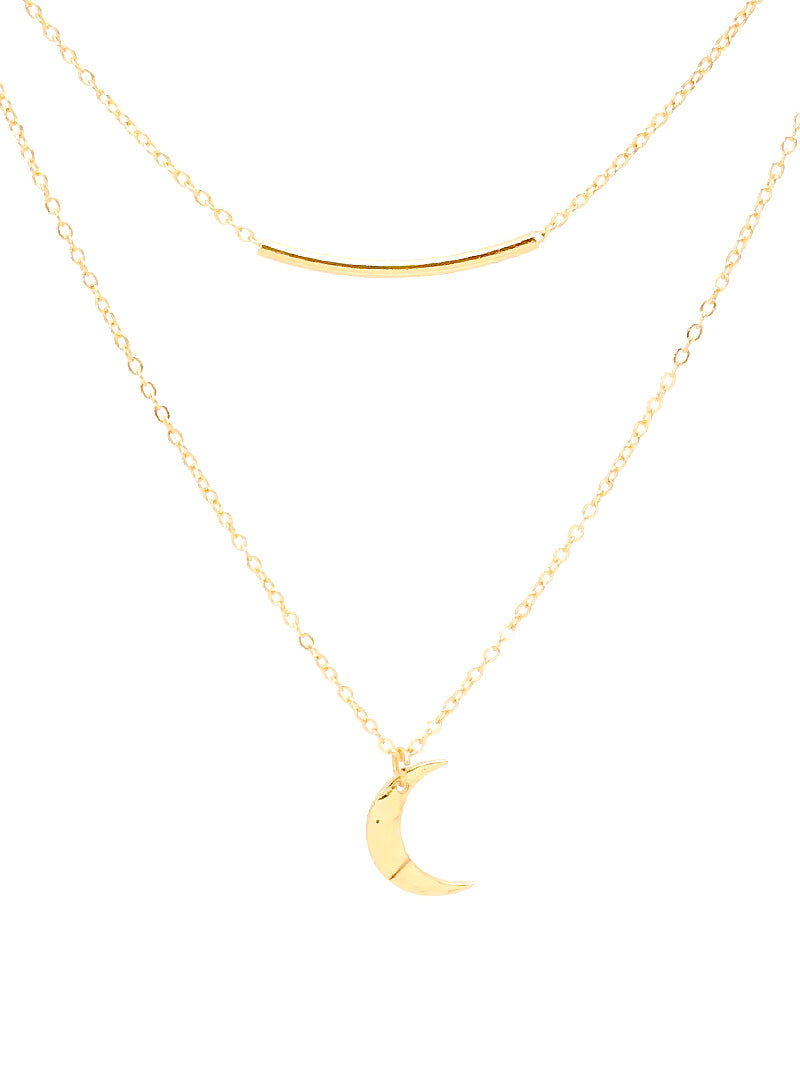Hammered Metal Crescent Moon Pendant With Curved Tube Bar Layered Necklace