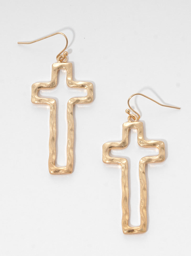 Hammered Metal Cross Dangle Drop Earrings