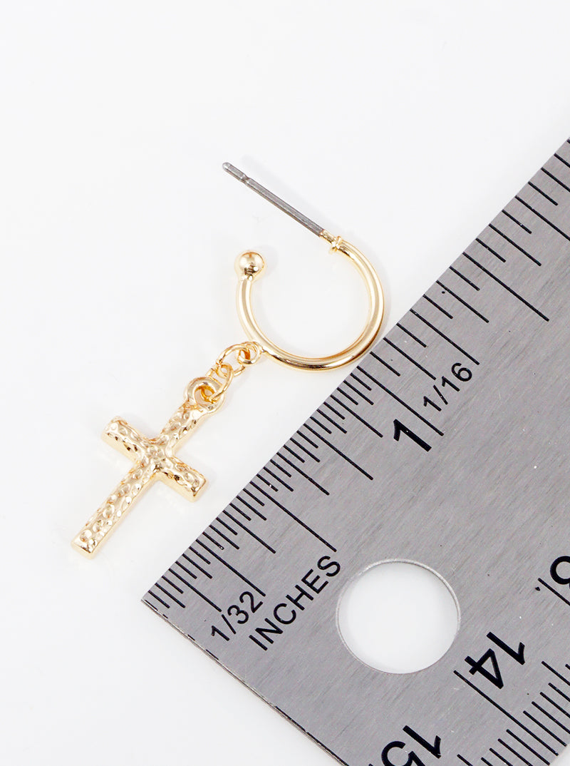 Hammered Metal Cross Drop 10mm Huggie Hoop Earrings