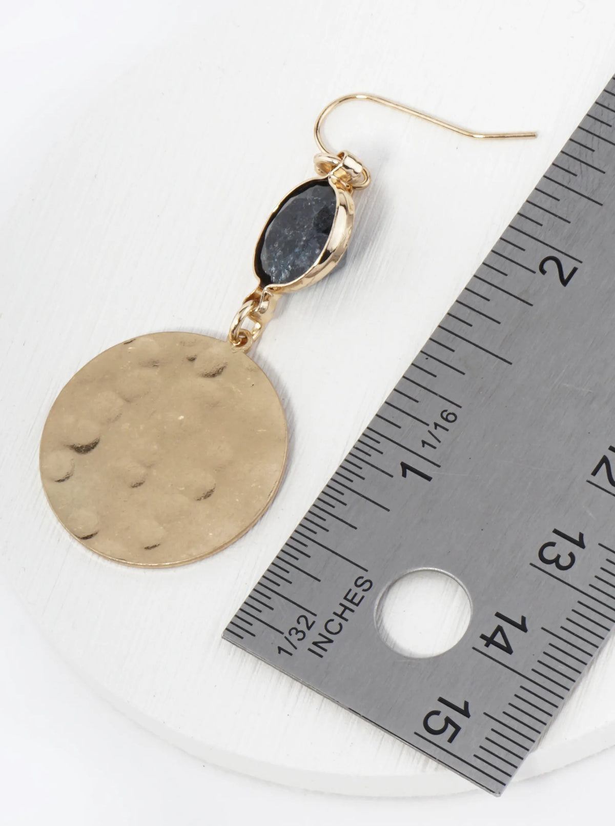 Hammered Metal Disc Drop Glass Stone Dangle Drop Earrings