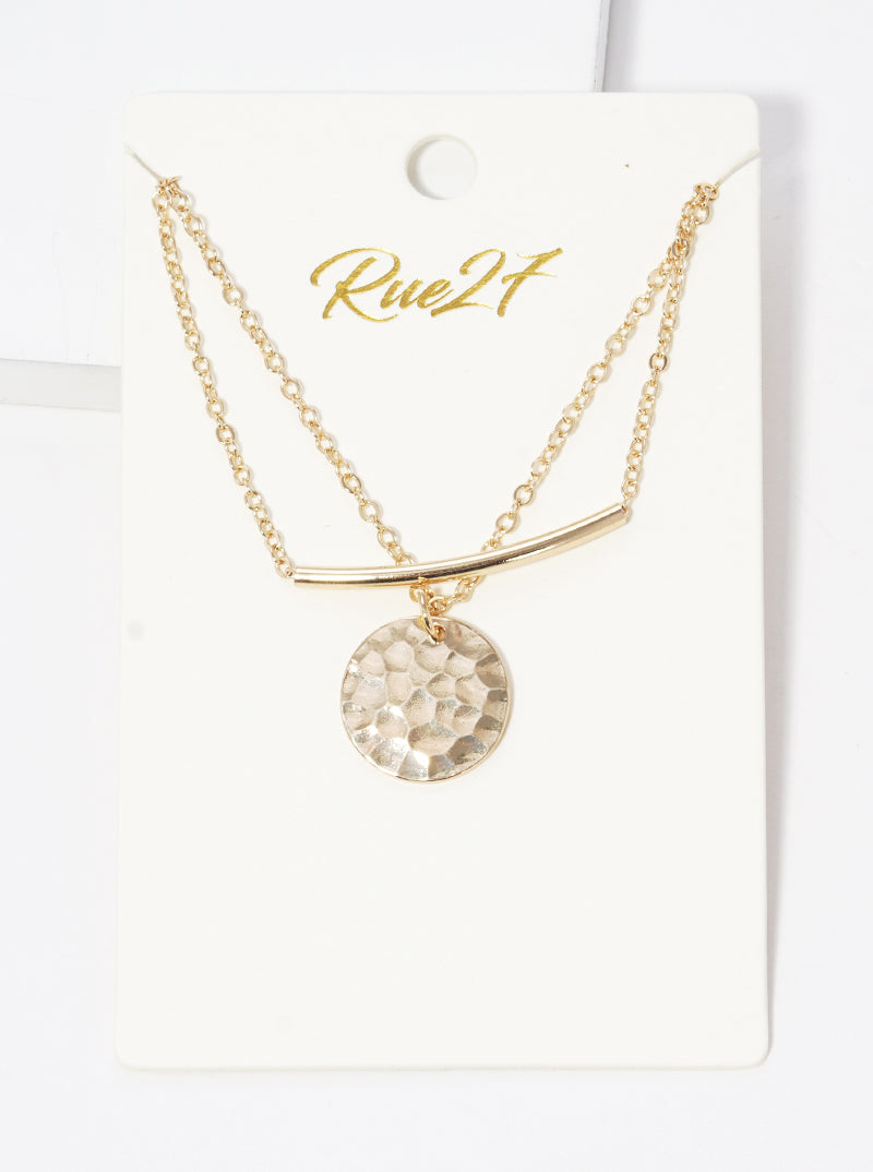 Hammered Metal Disc Pendant With Curved Tube Bar Layered Necklace